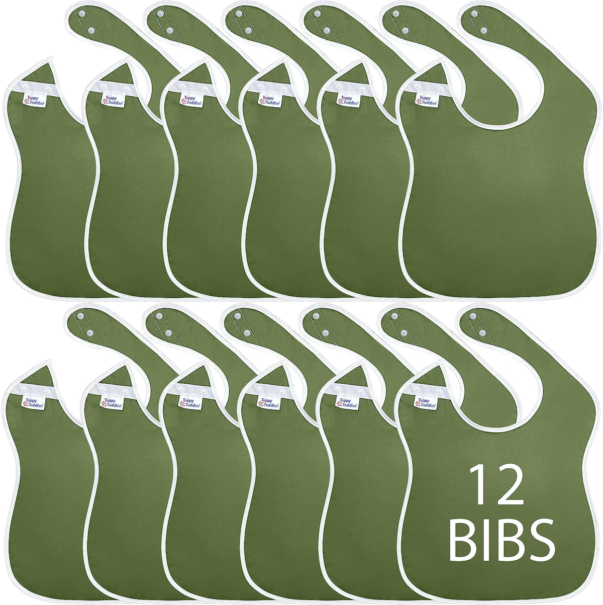 Toppy - 12 baberos grandes impermeables de color verde oliva para bebés de 1 a 4 años - Baberos de tela ligera, suave y duradera con botones a presión para niñas y niños, apto para secadora y fácil de