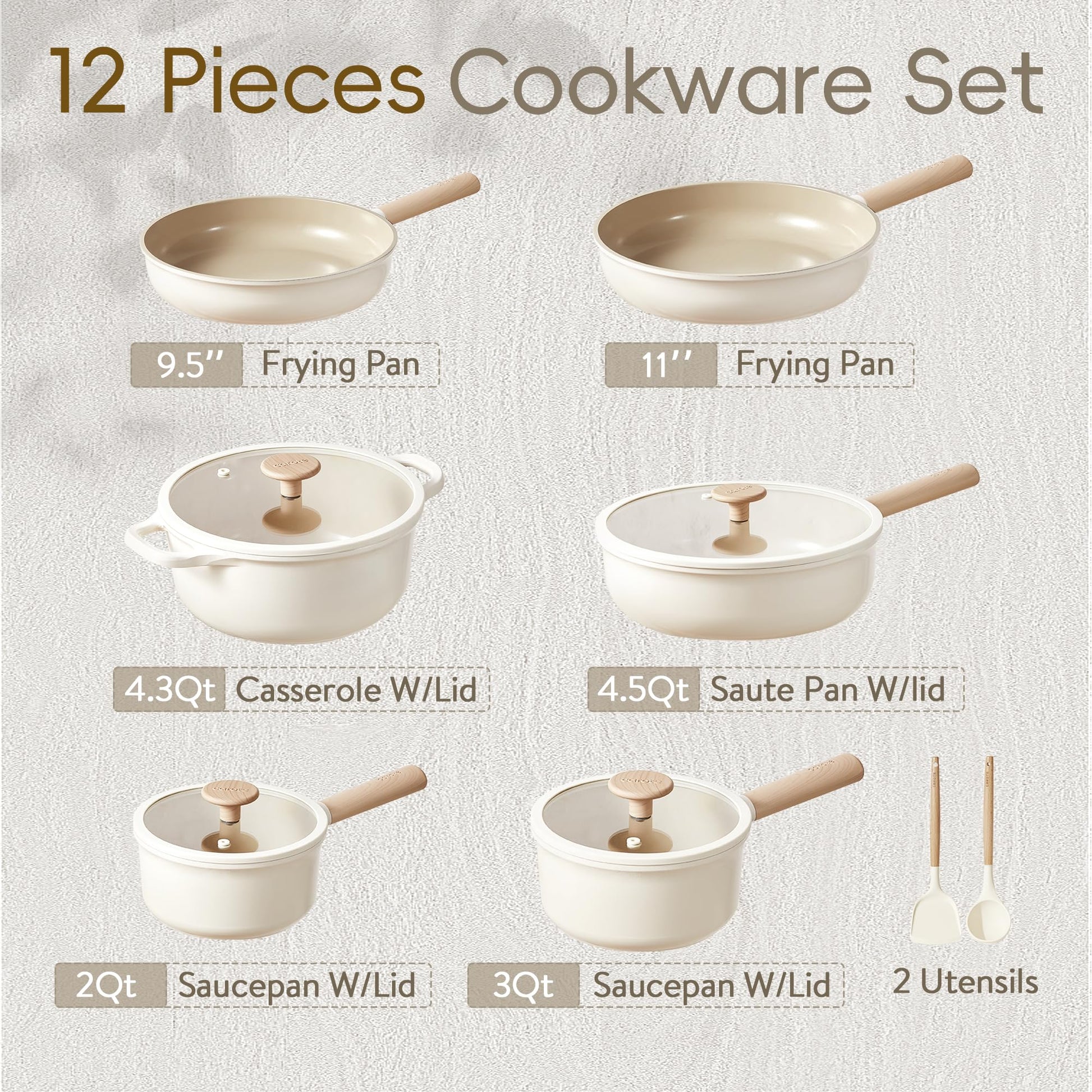 CAROTE - Juego de 12 ollas y sartenes, juegos de utensilios de cocina de cerámica antiadherentes, utensilios de cocina de inducción antiadherentes, juego de cocina de granito con sartenes y cacerola