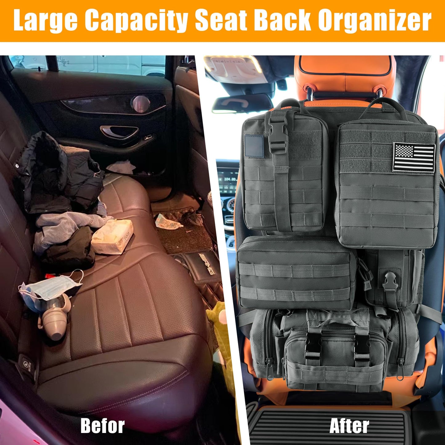HMLIN OUTOOORS Paquete de 6 organizadores tácticos MOLLE para asiento de coche, negro, universal, con 5 bolsas MOLLE desmontables, parche y llavero de la bandera de Estados Unidos
