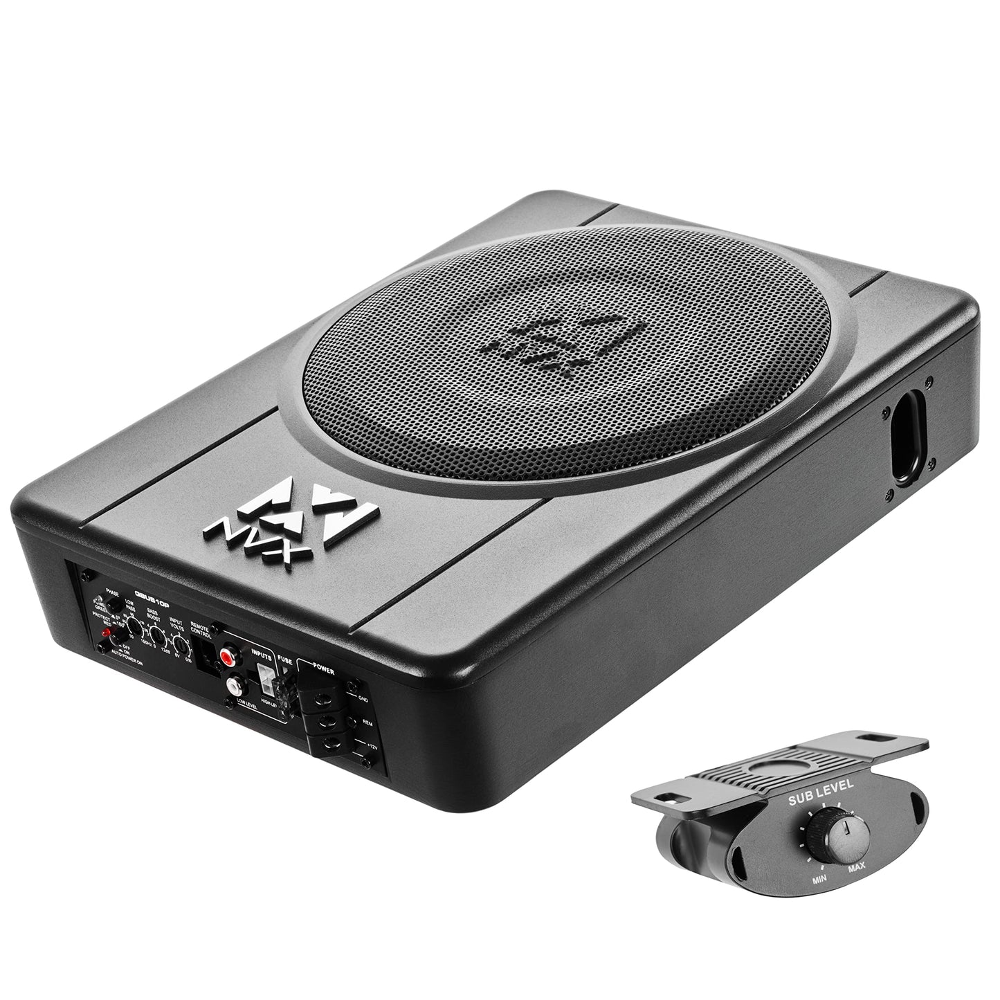 NVX Sistema de subwoofer universal amplificado y cargado de 10 pulgadas con puerto bajo asiento