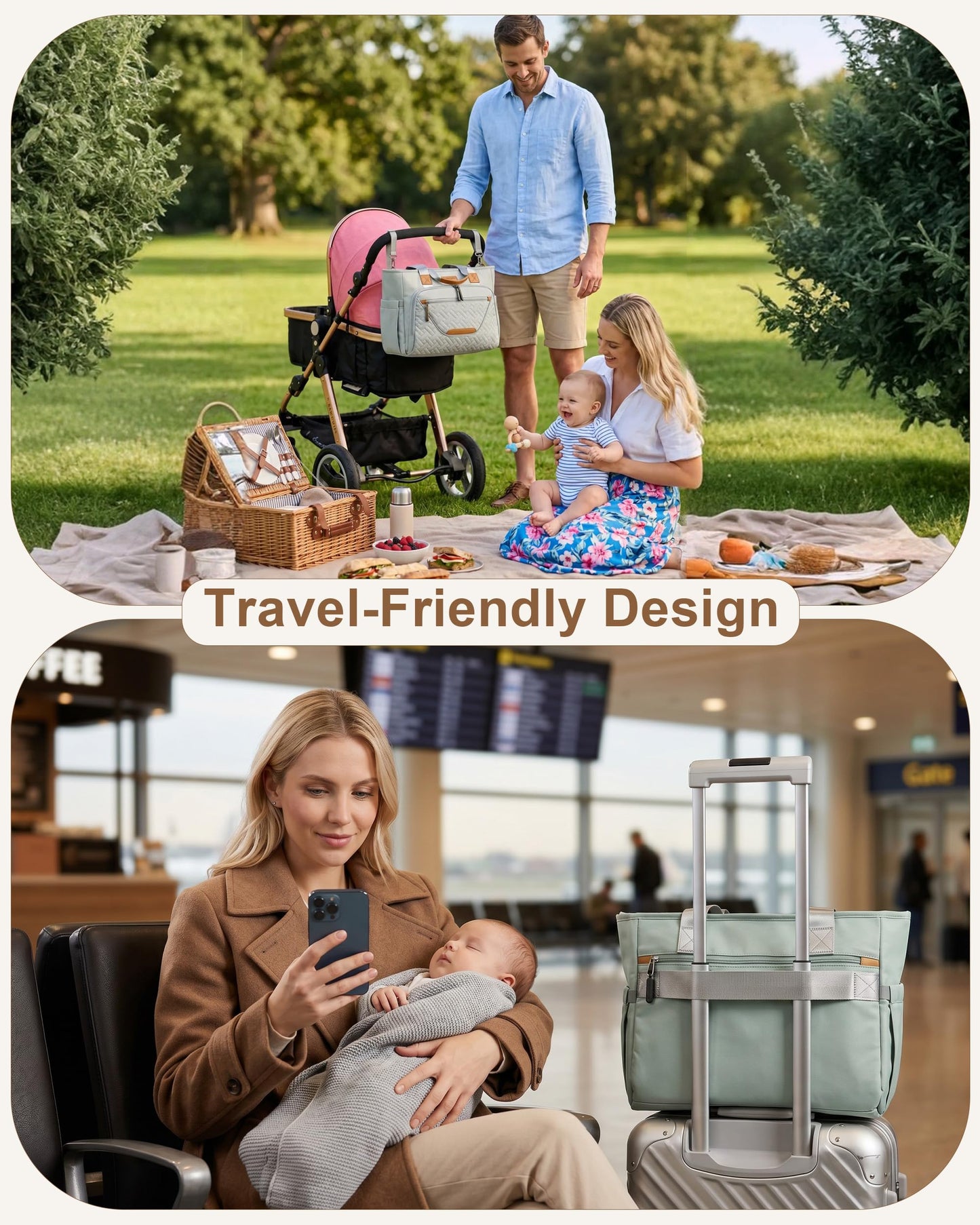 FHELAD - Bolsa de pañales grande con compartimento para portátil de 16 pulgadas, bolsa de bebé con bolsillo aislado para mamá y papá, ideal para viajes, trabajo (gris morandi)