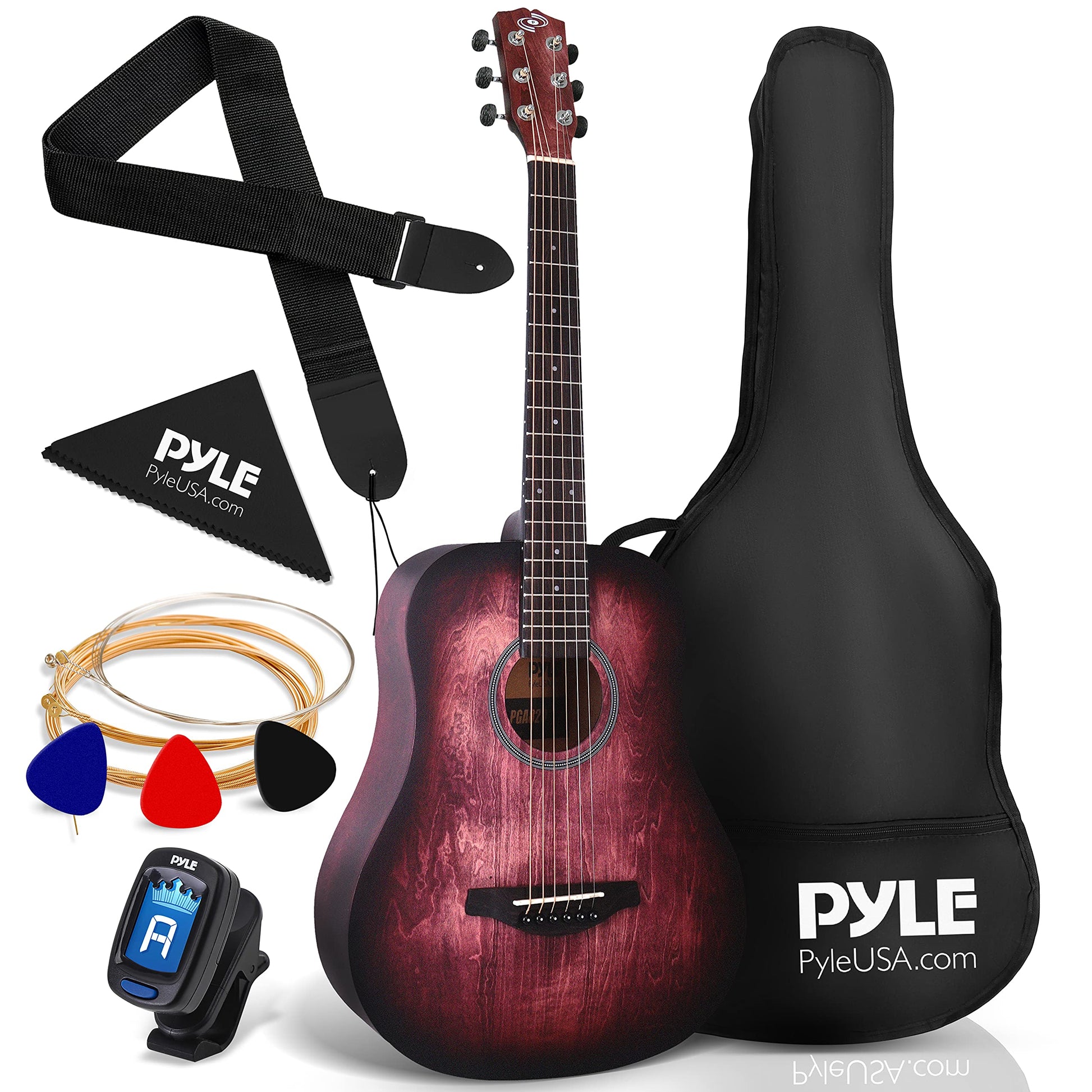 Pyle - Kit de guitarra acústica, 1/2 tamaño junior, instrumento de cuerda de acero de madera para niños principiantes, adultos, 34 pulgadas, color carmesí Burst mate