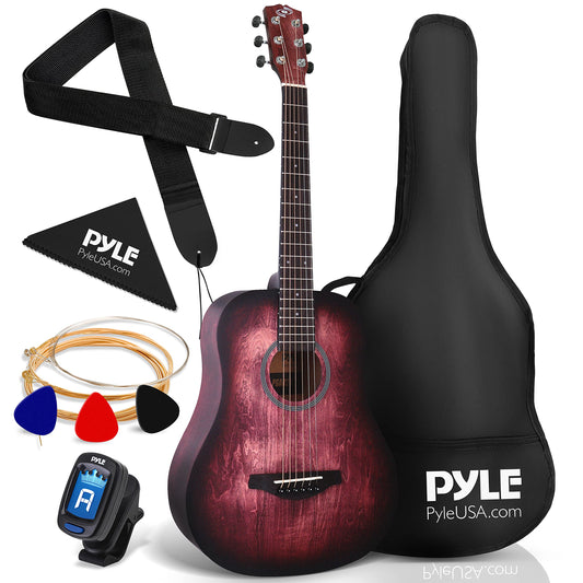 Pyle - Kit de guitarra acústica, 1/2 tamaño junior, instrumento de cuerda de acero de madera para niños principiantes, adultos, 34 pulgadas, color carmesí Burst mate