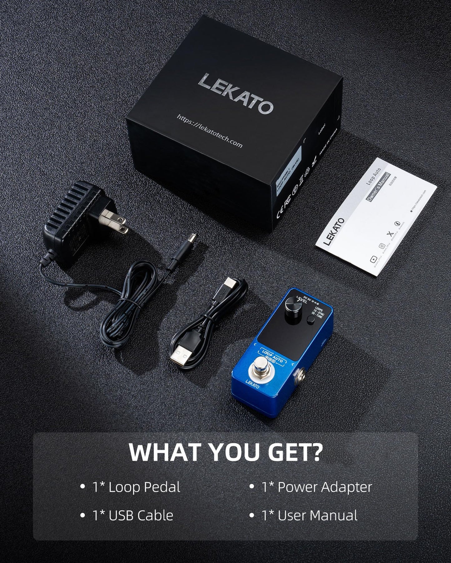 LEKATO - Pedal para guitarra con adaptador de fuente de alimentación de pedal de bucle de 9 V 0.6 A, pedal de bucle de efecto con función SYNC y sintonizador para guitarra eléctrica, 3 bucles, 18