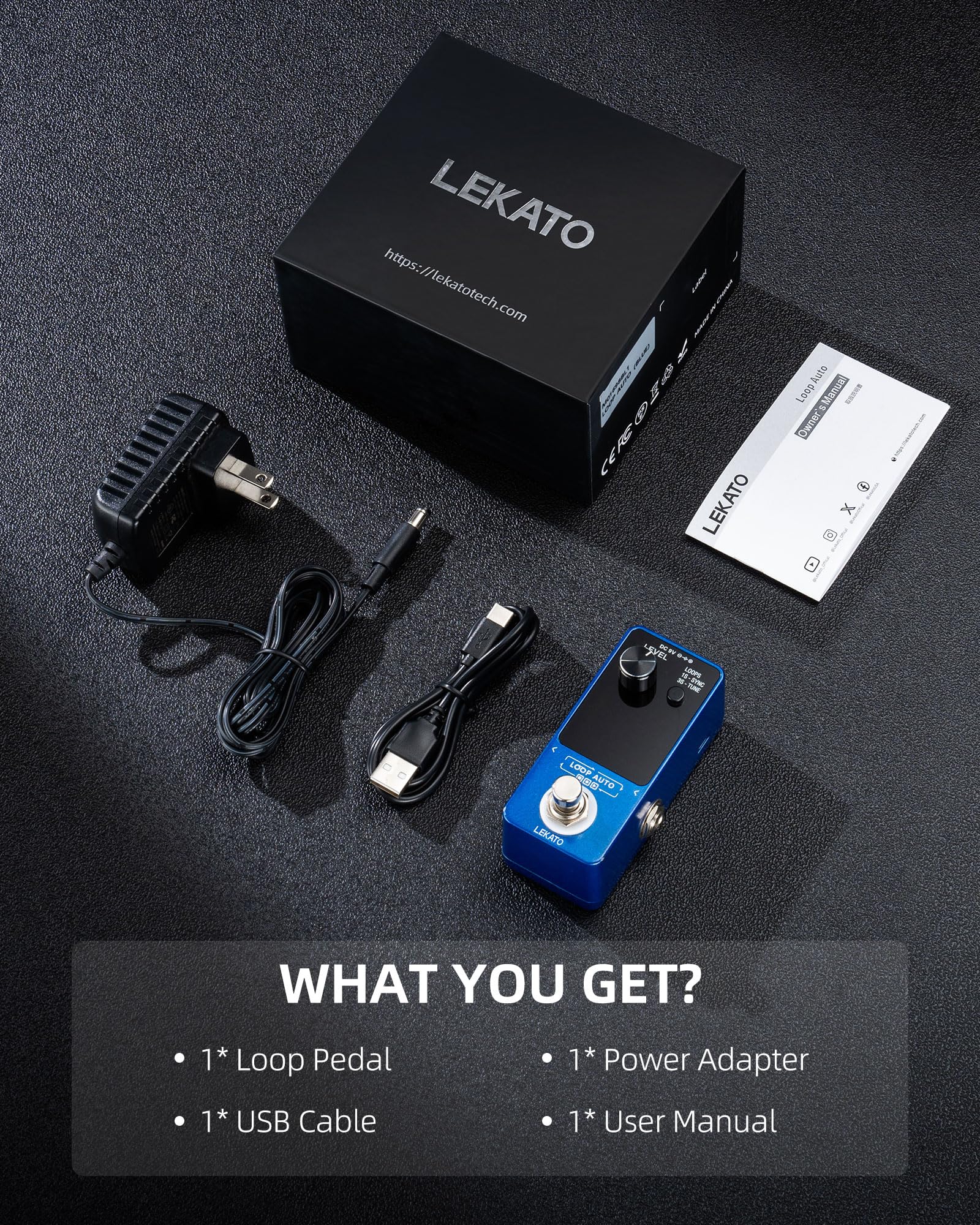 LEKATO - Pedal para guitarra con adaptador de fuente de alimentación de pedal de bucle de 9 V 0.6 A, pedal de bucle de efecto con función SYNC y sintonizador para guitarra eléctrica, 3 bucles, 18