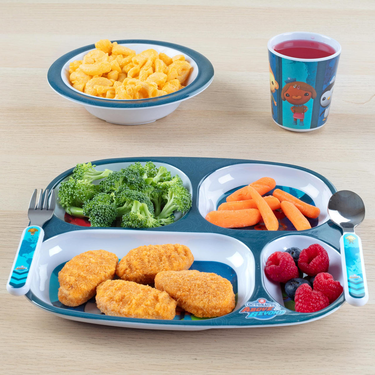 Octonauts - Juego de 5 platos divididos para la hora de la comida para niños y niños pequeños, incluye plato multicompartimento, cuenco, taza, tenedor y cuchara, utensilios duraderos, aptos para
