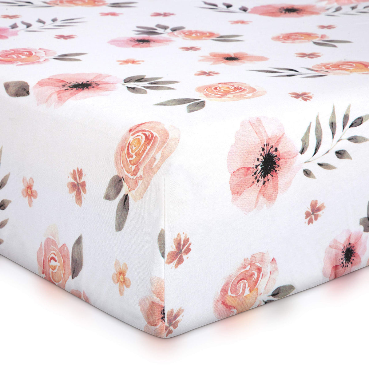 Minika Sábana para cuna de niña con diseño floral, 100% algodón finamente peinado, transpirable, súper suave, acuarela, rosa, para bebé, 52 x 28 x 9 pies, se adapta a colchones estándar