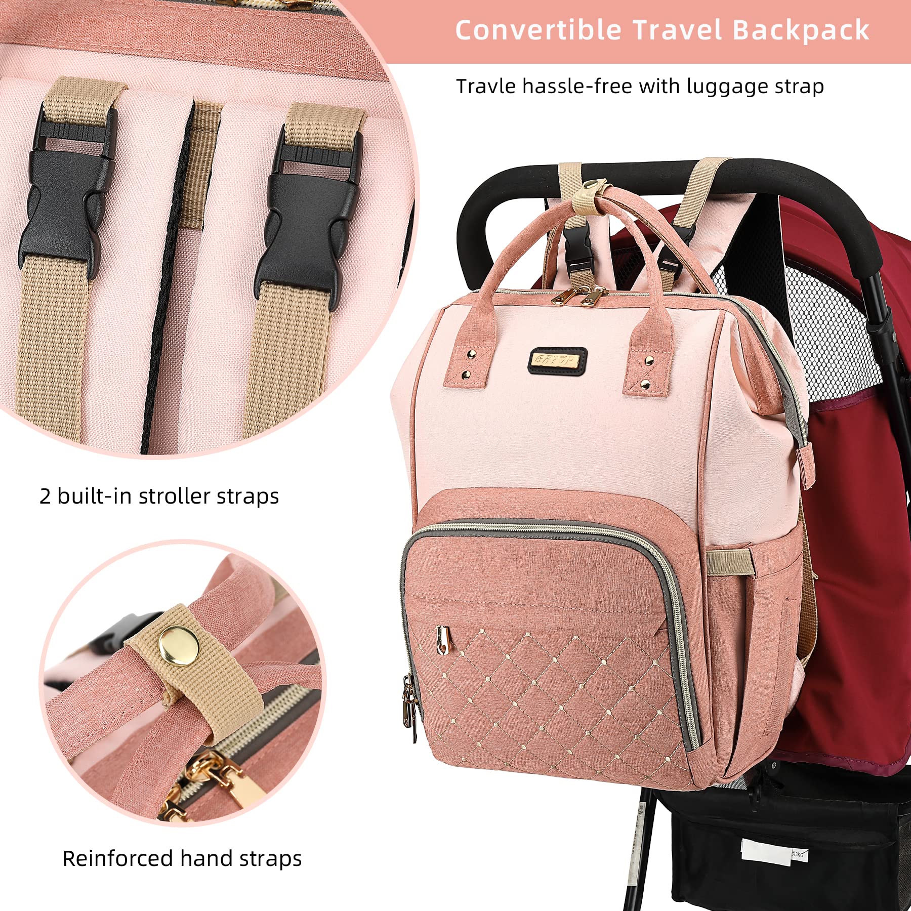 Mochila para pañales, bolsas de pañales para bebés y niñas, bolsas de bebé para mamás, papás, bolsa cambiadora de pañales con bolsillos aislados, mochila impermeable multifuncional con correas de
