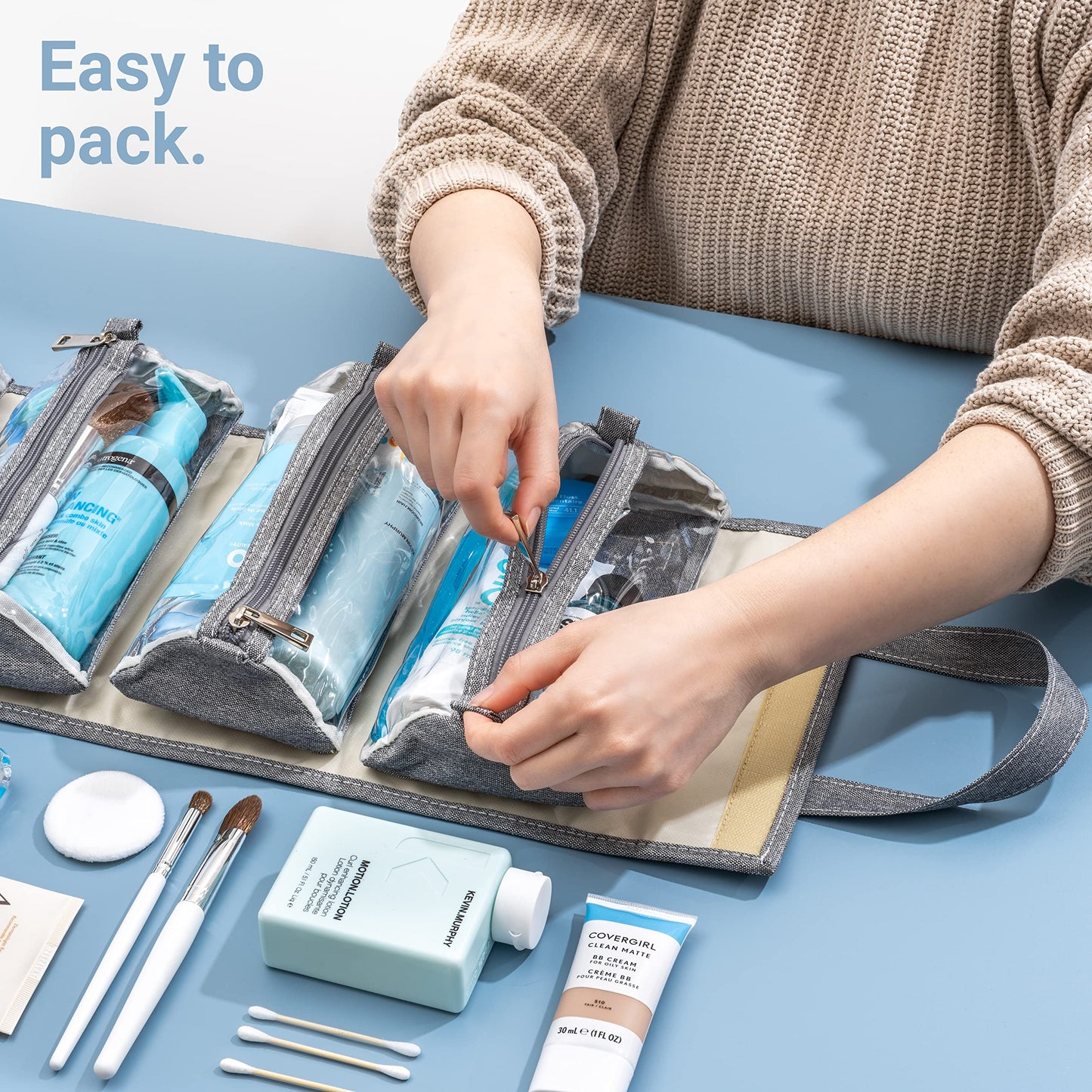 4 Kits Organizador de maquillaje enrollable para colgar y bolsa de viaje - 4 bolsas de aseo extraíbles Cremalleras de alta calidad