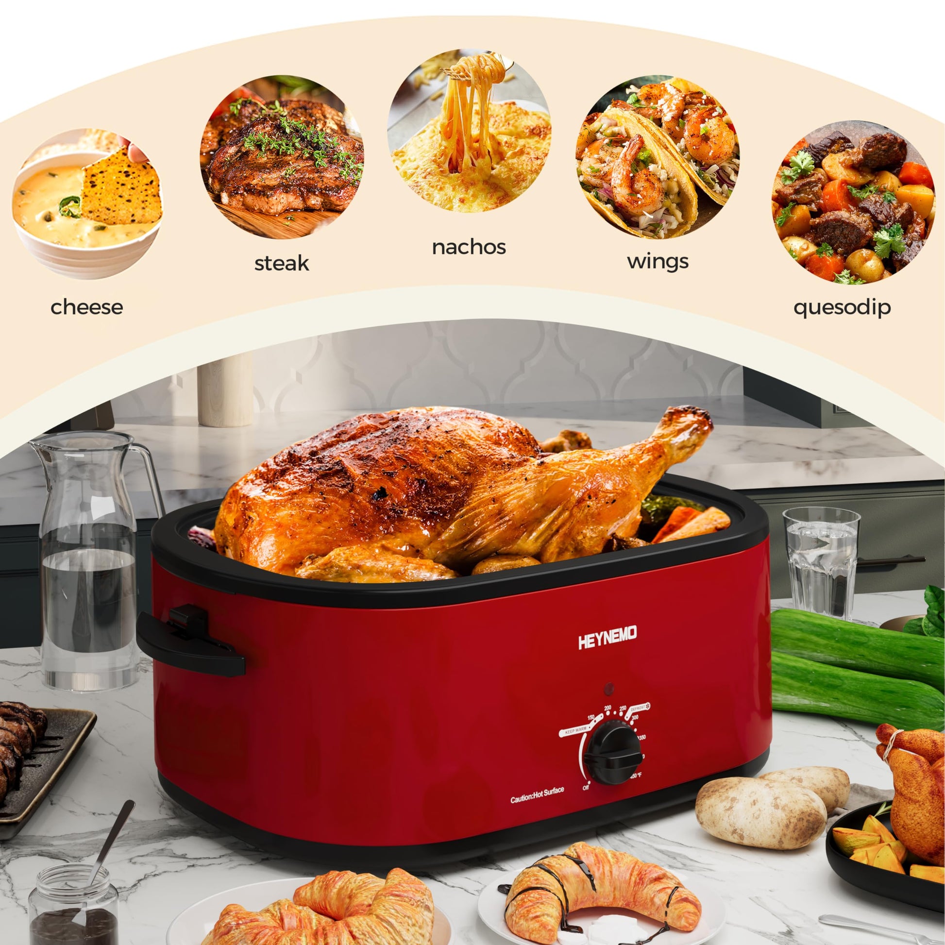 Horno tostador eléctrico de 26 cuartos con tapa visible y autohilado, tostador grande de pavo con función de descongelación caliente, temperatura ajustable, estante extraíble para sartén, acero