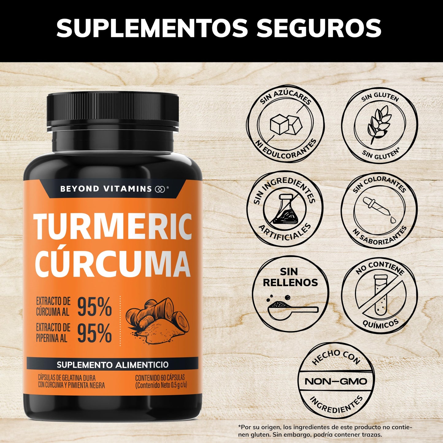Suplemento Alimenticio Turmeric Cúrcuma con Raíz Estandarizada y Pimienta Negra Alta Potencia NON GMO