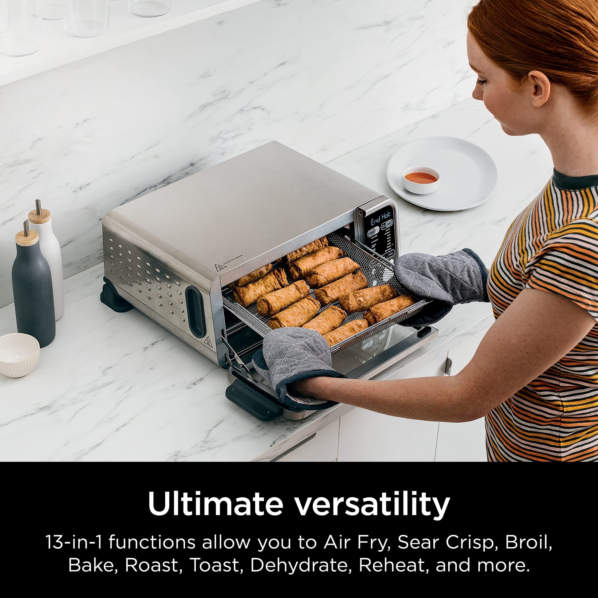 Horno Tostador Ninja Acero Inoxidable con Freidora de Aire y Termómetro para Cocinar Comidas Rápidas y Deshidratar