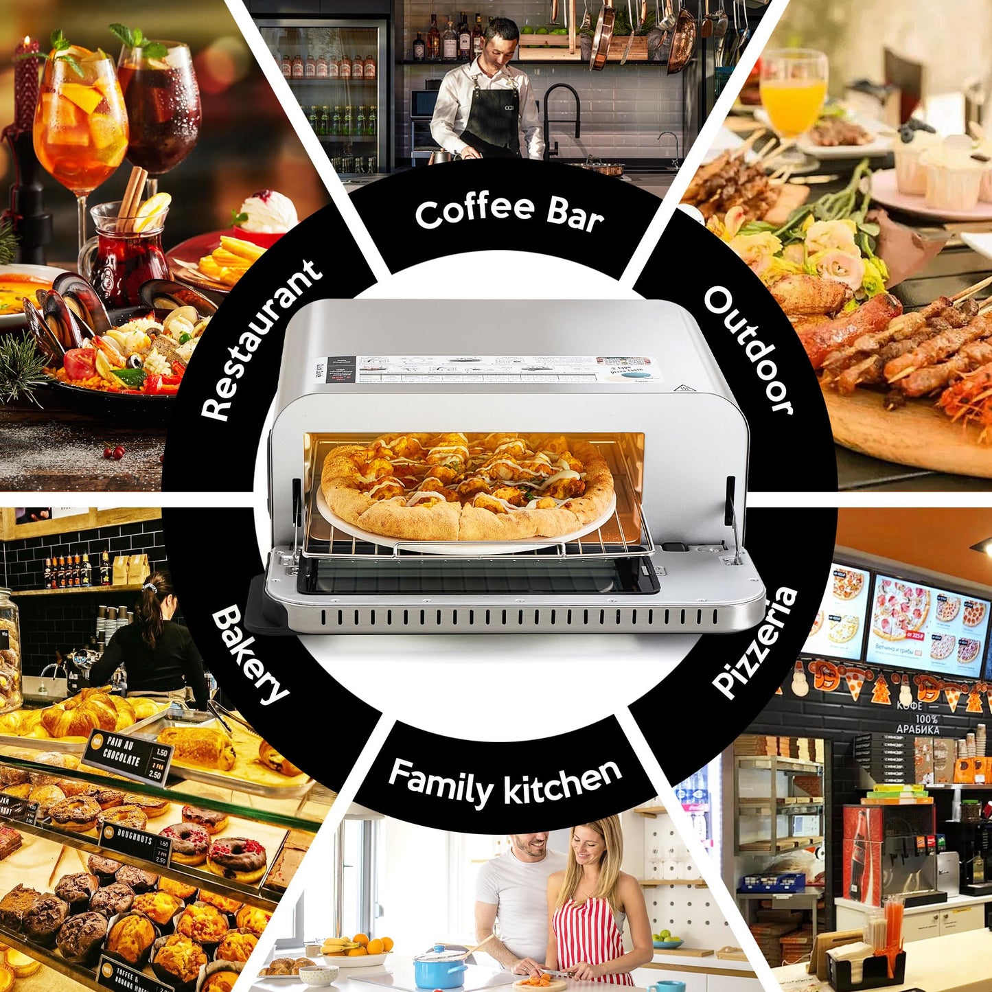 Horno eléctrico de pizza para interiores calienta hasta 1000 °F, hace pizzas de 12 pulgadas en minutos, horno de encimera con 15 funciones y 10 accesorios para múltiples funciones, acero inoxidable