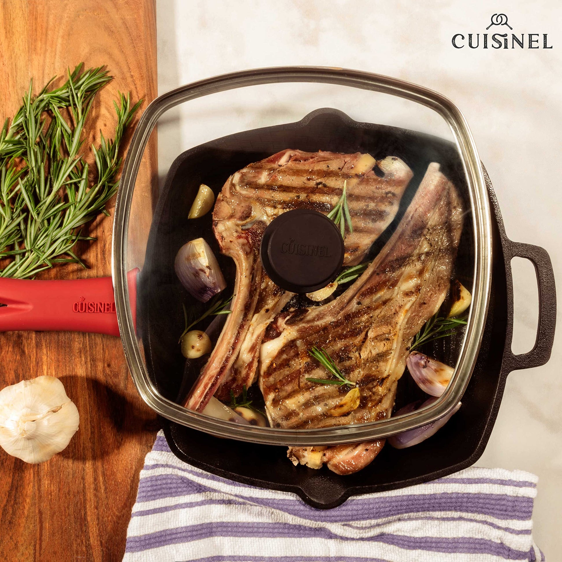 Cuisinel - Sartén para parrilla de hierro fundido + prensa rectangular de hierro fundido + tapa de vidrio templado + rascador de sartén, sartén acanalada presazonada, 10.5 pulgadas cuadrada Grillig