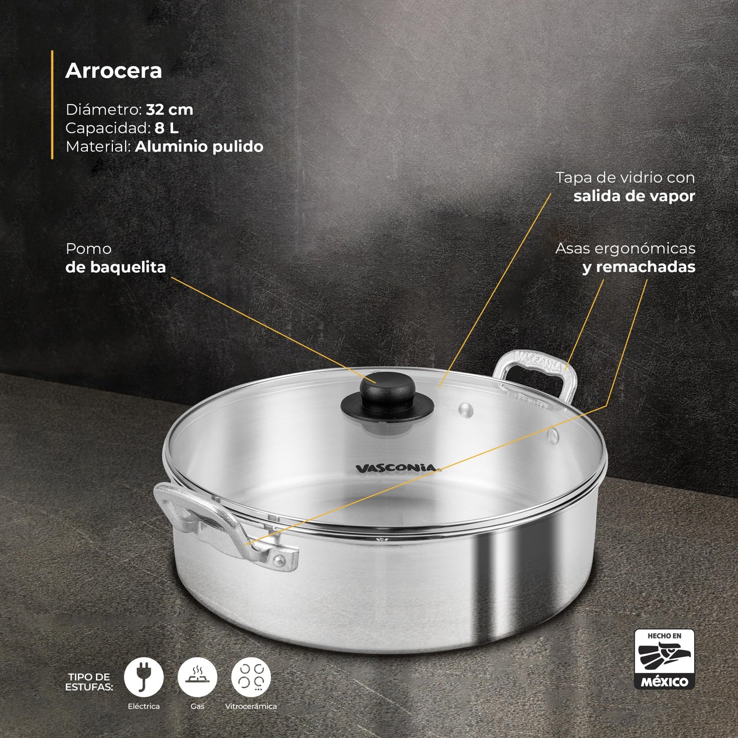 Arrocera Aluminio Vasconia Plata 32 cm 8 Litros