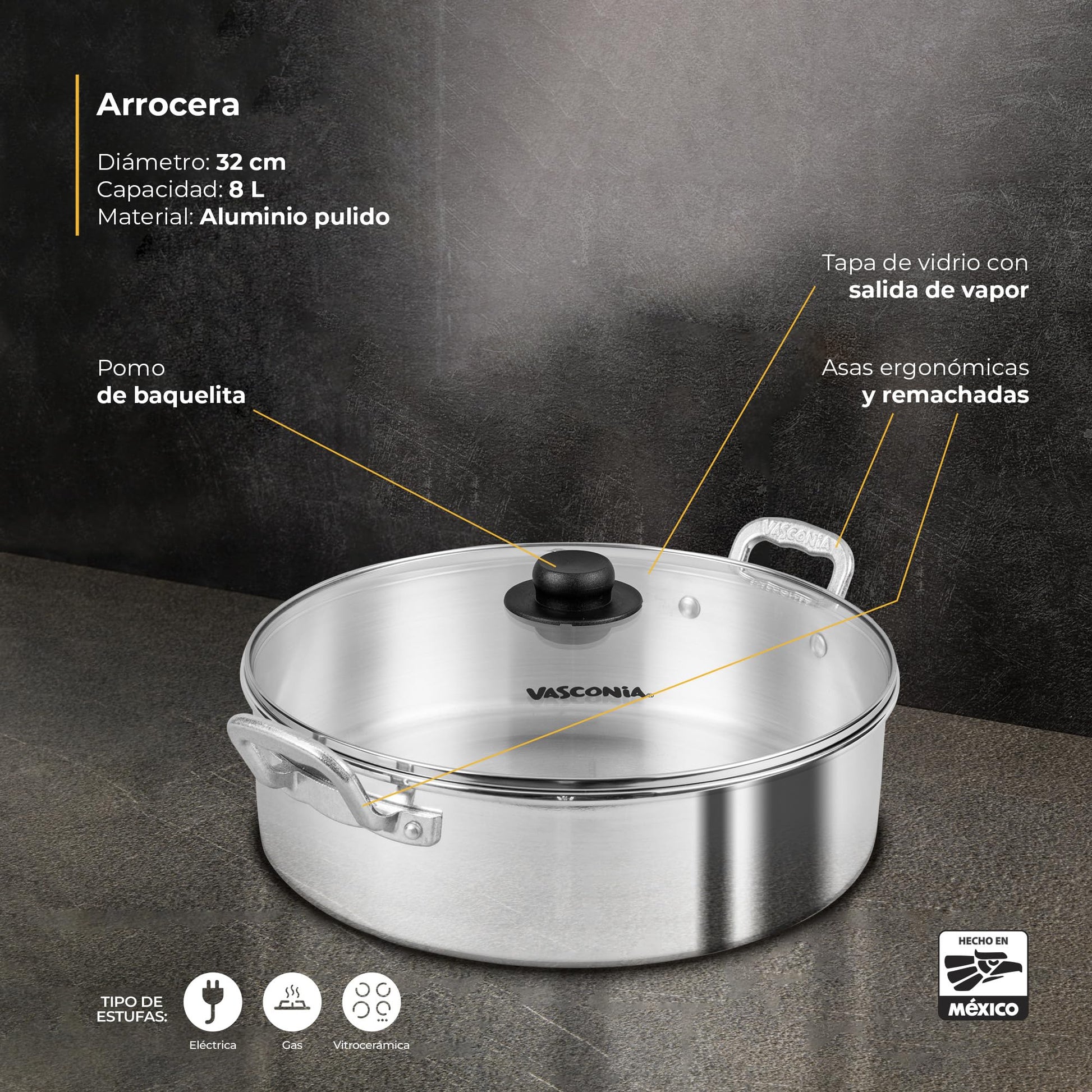 Arrocera Aluminio Vasconia Plata 32 cm 8 Litros