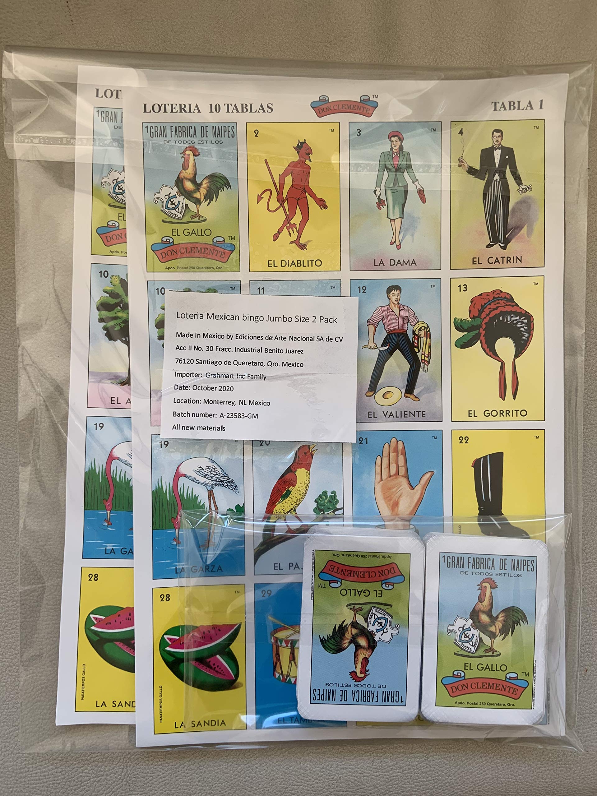 Loteria - Paquete de 2 Don Clemente, loteria mexicana Jumbo, paquete de 20 tableros grandes y 2 barajas de cartas