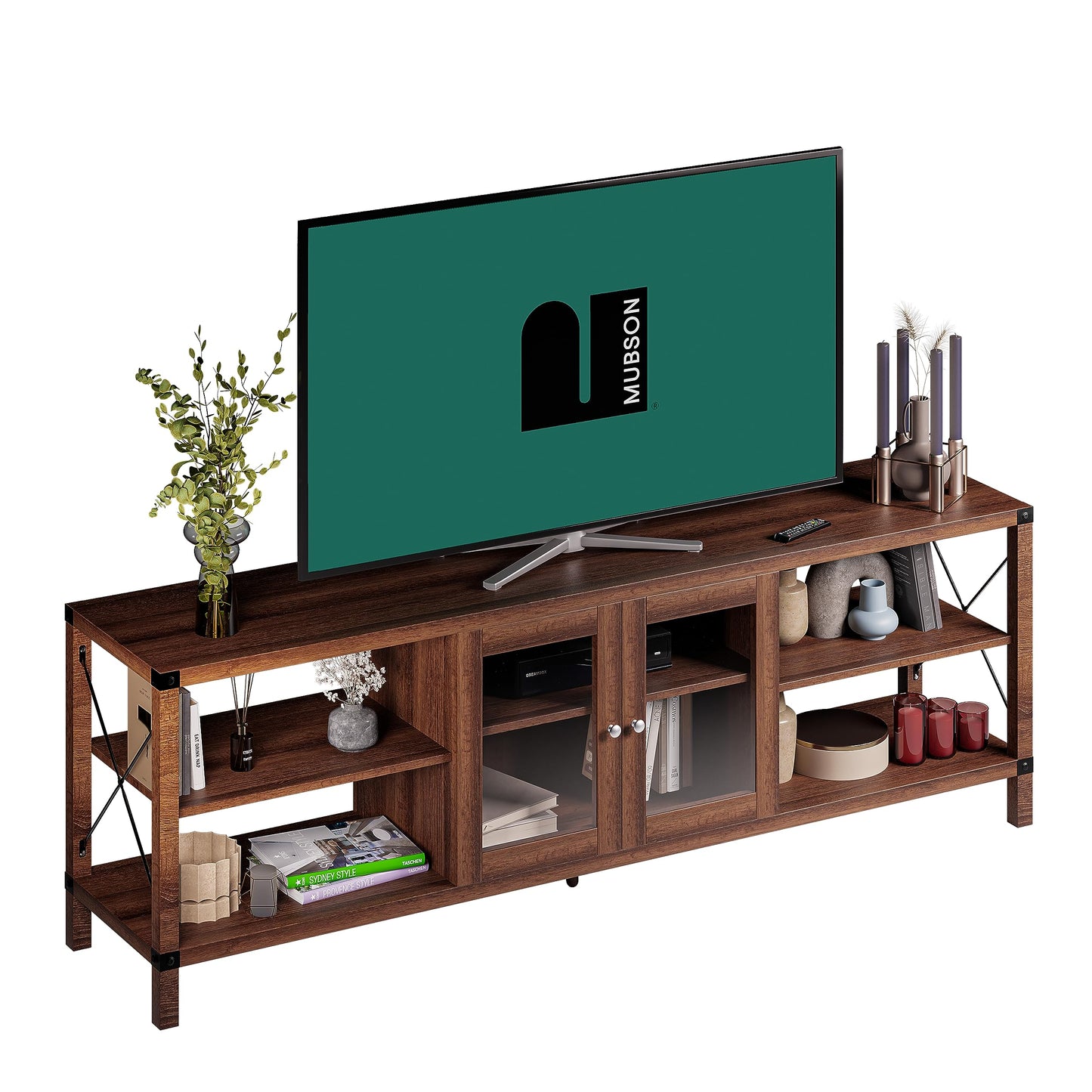 Mueble para TV MUBSON Bari de Madera con 4 Repisas y Vitrina en Marrón para Pantallas de hasta 75 Pulgadas