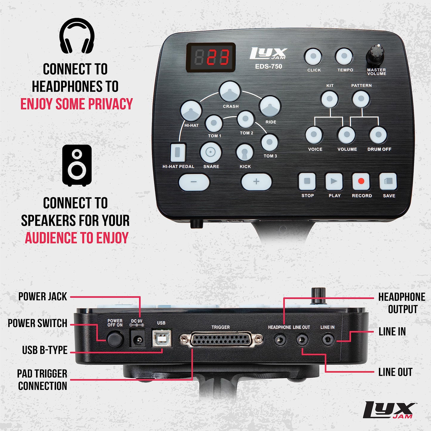 LyxJam - Kit de batería electrónica de 7 piezas, juego de batería profesional con tela de malla real, 209 sonidos precargados, 50 canciones de reproducción largas, capacidad de grabación, platillos y