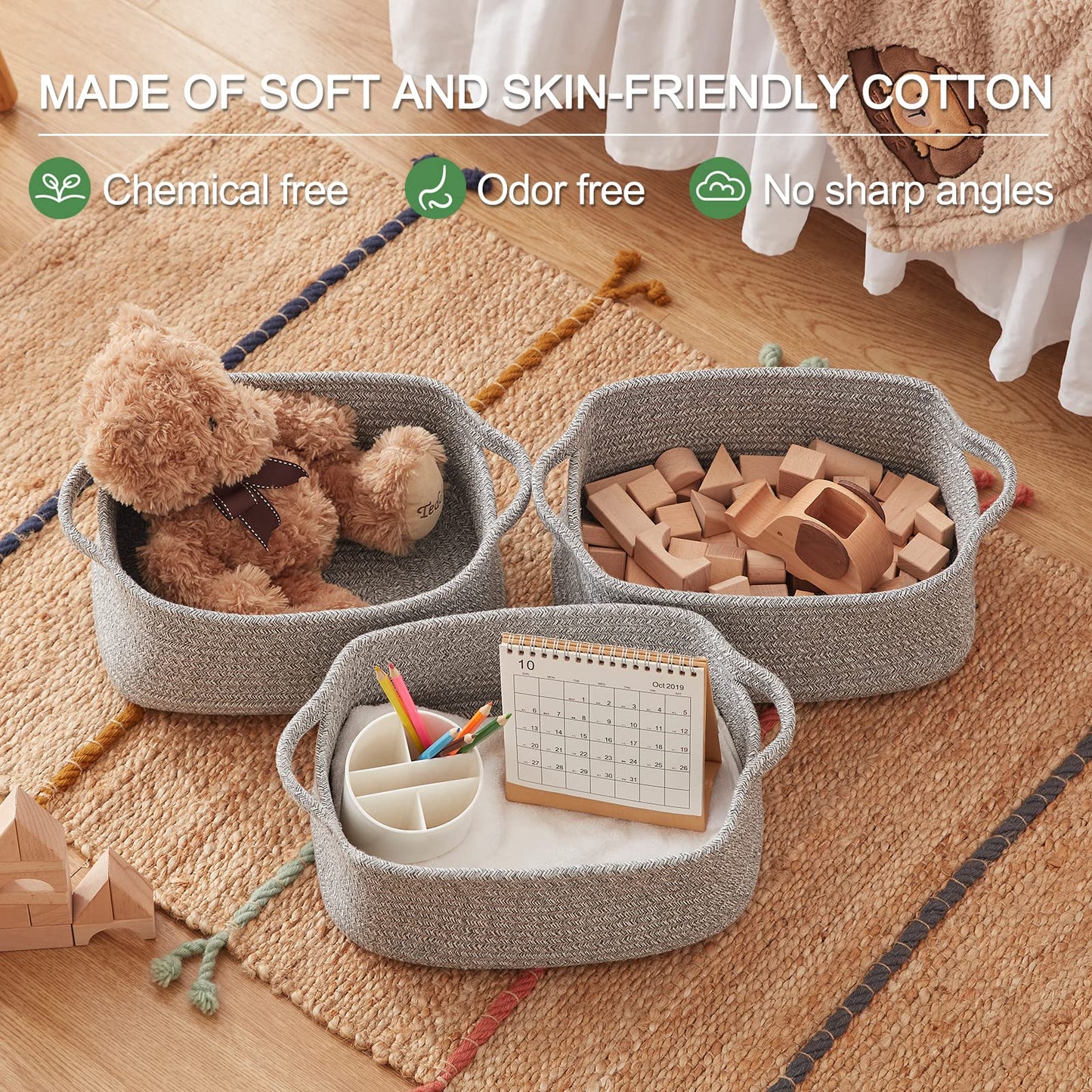OIAHOMY - Cestas de cuerda de algodón, cestas tejidas para almacenamiento, cestas de almacenamiento de guardería, cesta rectangular con asas, cestas de almacenamiento para estantes, paquete de 3,