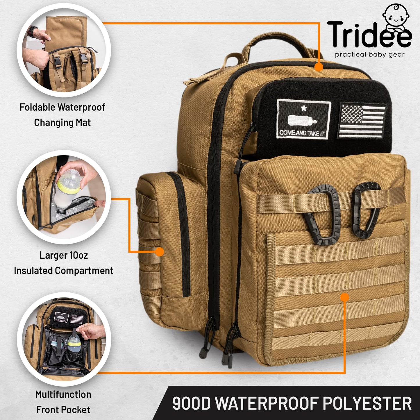 Bolder Babies Bolsa de pañales Tan Dad, estilo Molle, poliéster resistente al agua 900D con correas extra largas más anchas,dispensador de toallitas de bebé y bolsillos aislados Beige Bronceado