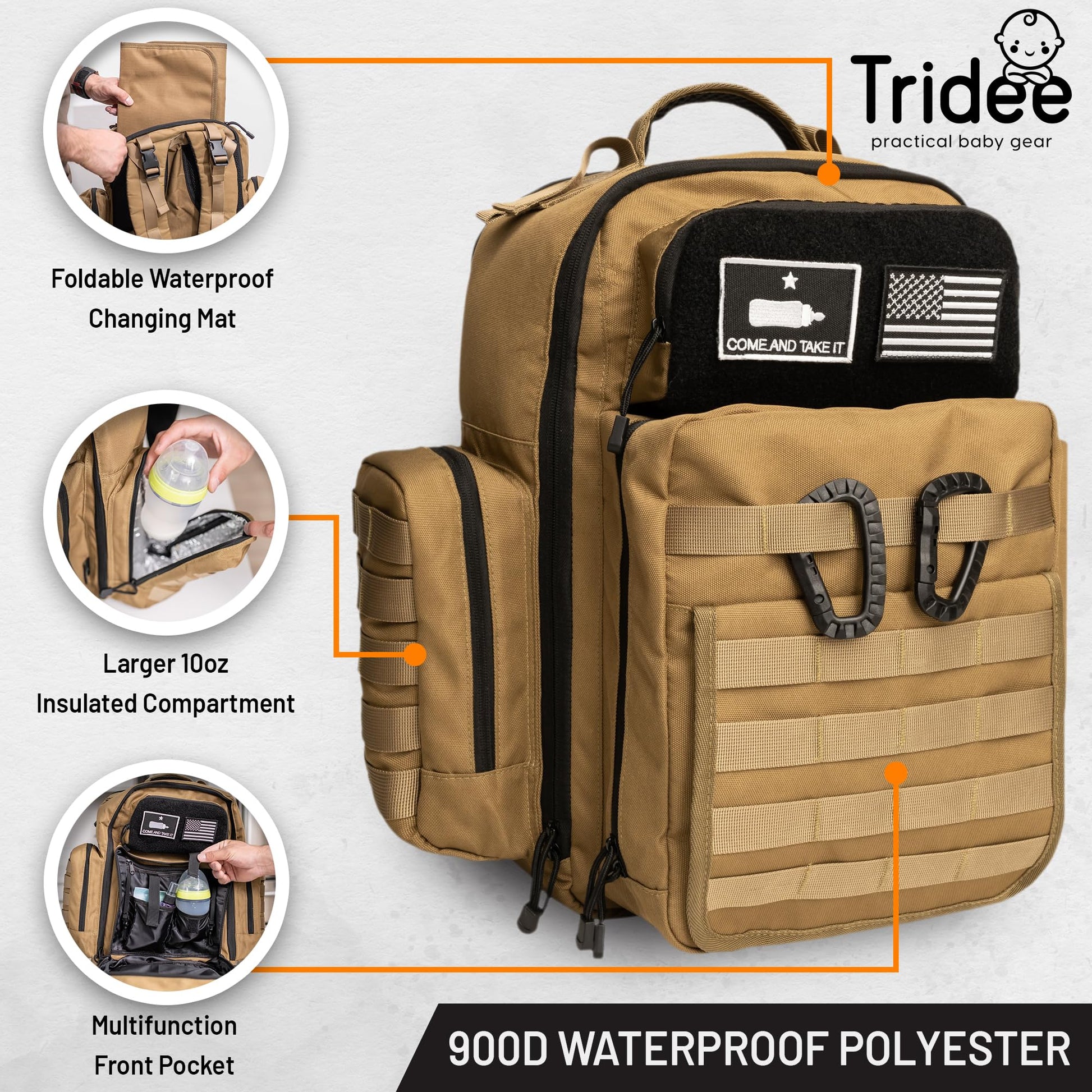 Bolder Babies Bolsa de pañales Tan Dad, estilo Molle, poliéster resistente al agua 900D con correas extra largas más anchas,dispensador de toallitas de bebé y bolsillos aislados Beige Bronceado