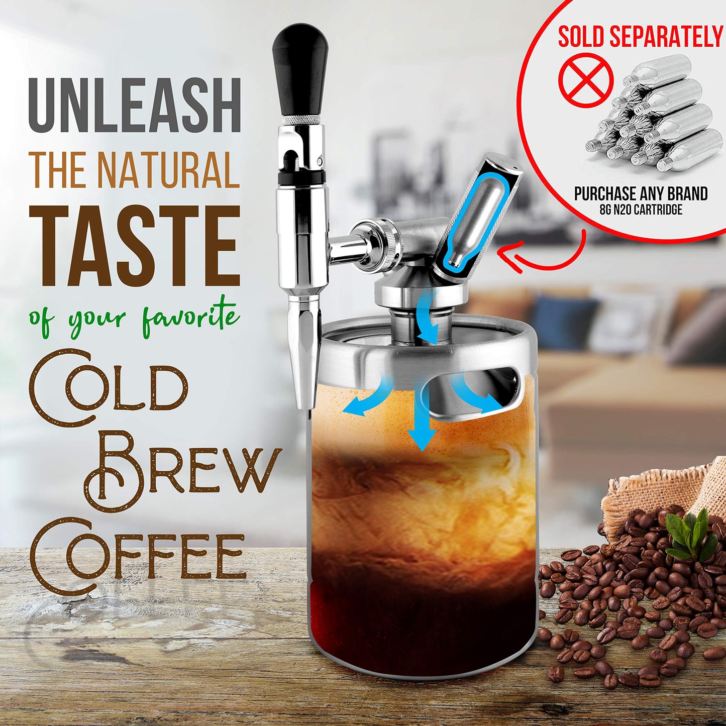 NutriChef NCNTROCB10 - Cafetera fría Nitro, barril de café con nitrógeno, sistema dispensador de máquina de café con kit de válvula de alivio de presión y llave de crema resistente, acero inoxidable