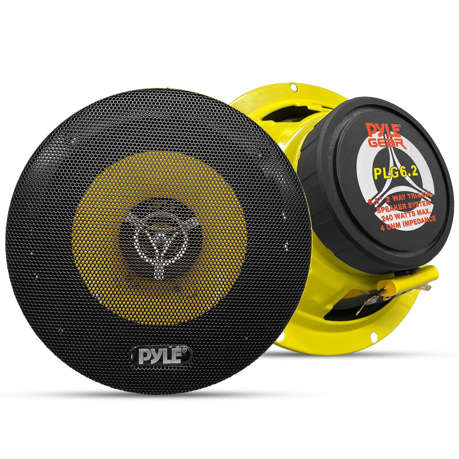 Pyle Sistema de Altavoces de Dos Vías para Auto, 6.5" 240W, 4 Ohm, Medio y Tweeter, Imán de 30 Oz, Profundidad de Montaje 2.25", Para Estéreo de Auto, Par, Amarillo