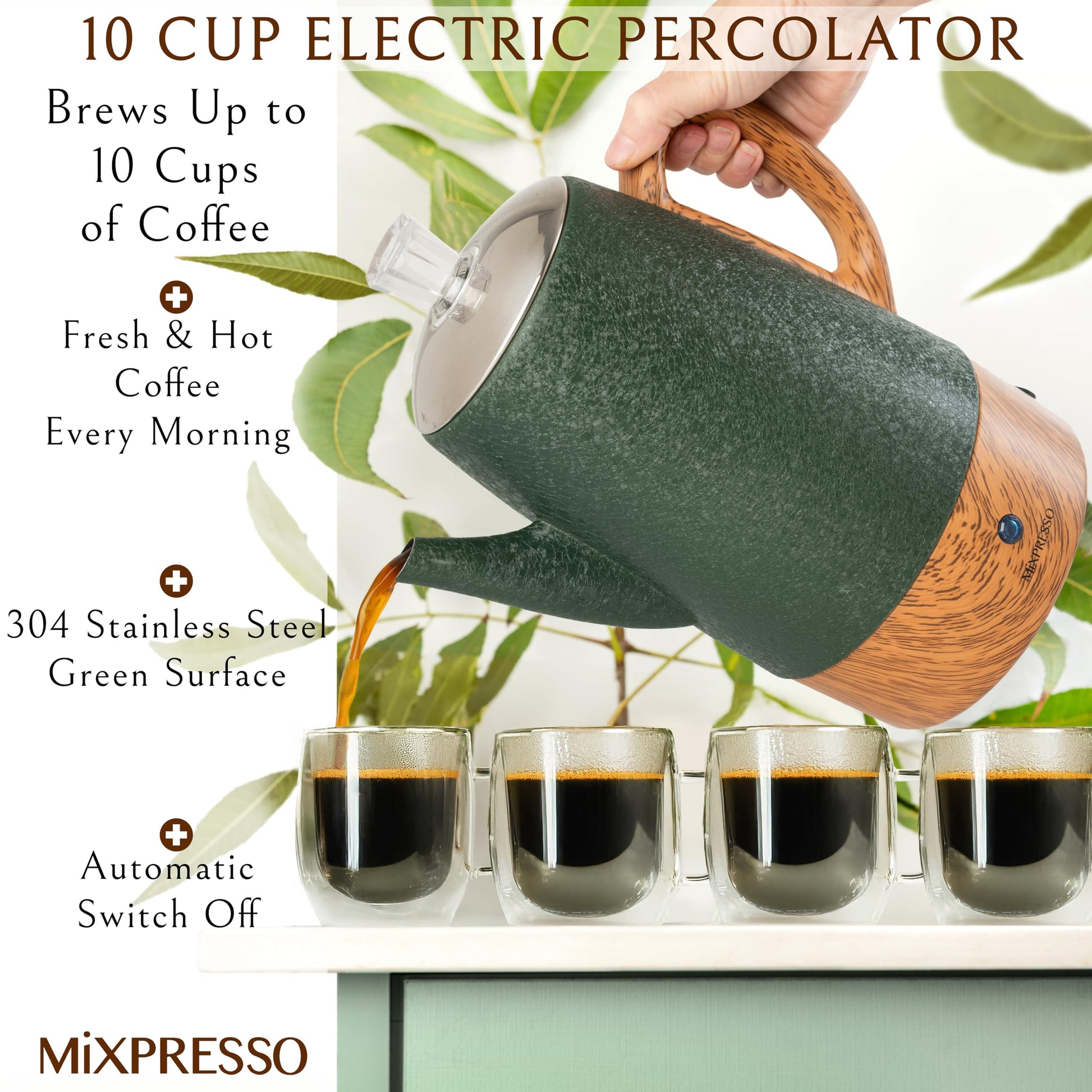 Cafetera Mixpresso Verde con Percolador Eléctrico de Acero Inoxidable, Función Mantener Calor, 10 Tazas