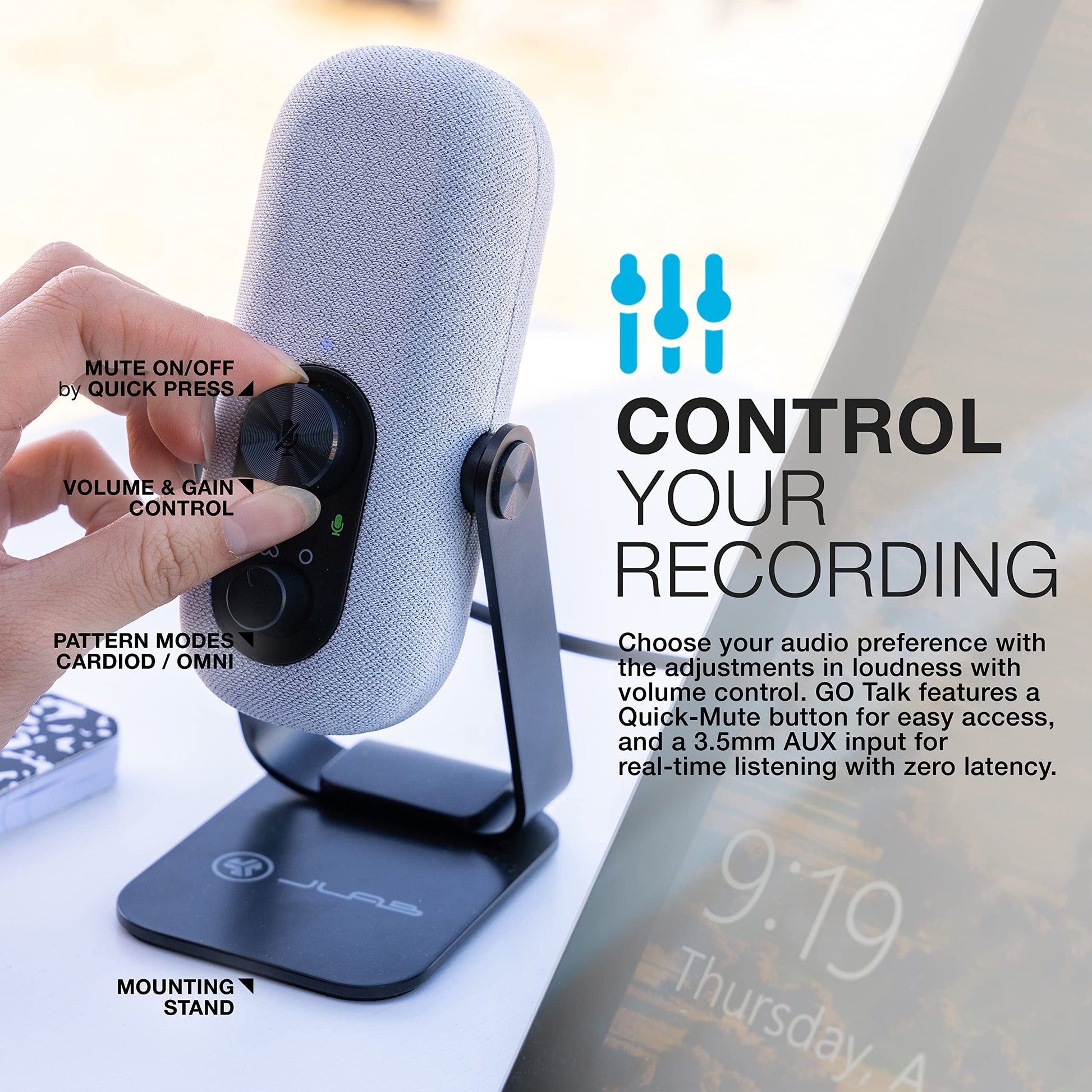 JLab Go Talk Micrófono USB | Blanco | Salida USB-C | Cardioide u omnidireccional | Frecuencia de muestreo de 96 K | Respuesta de frecuencia de 20 Hz - 20 kHz | Control de volumen y silencio rápido | AUX de 3,5 mm | Plug and Play