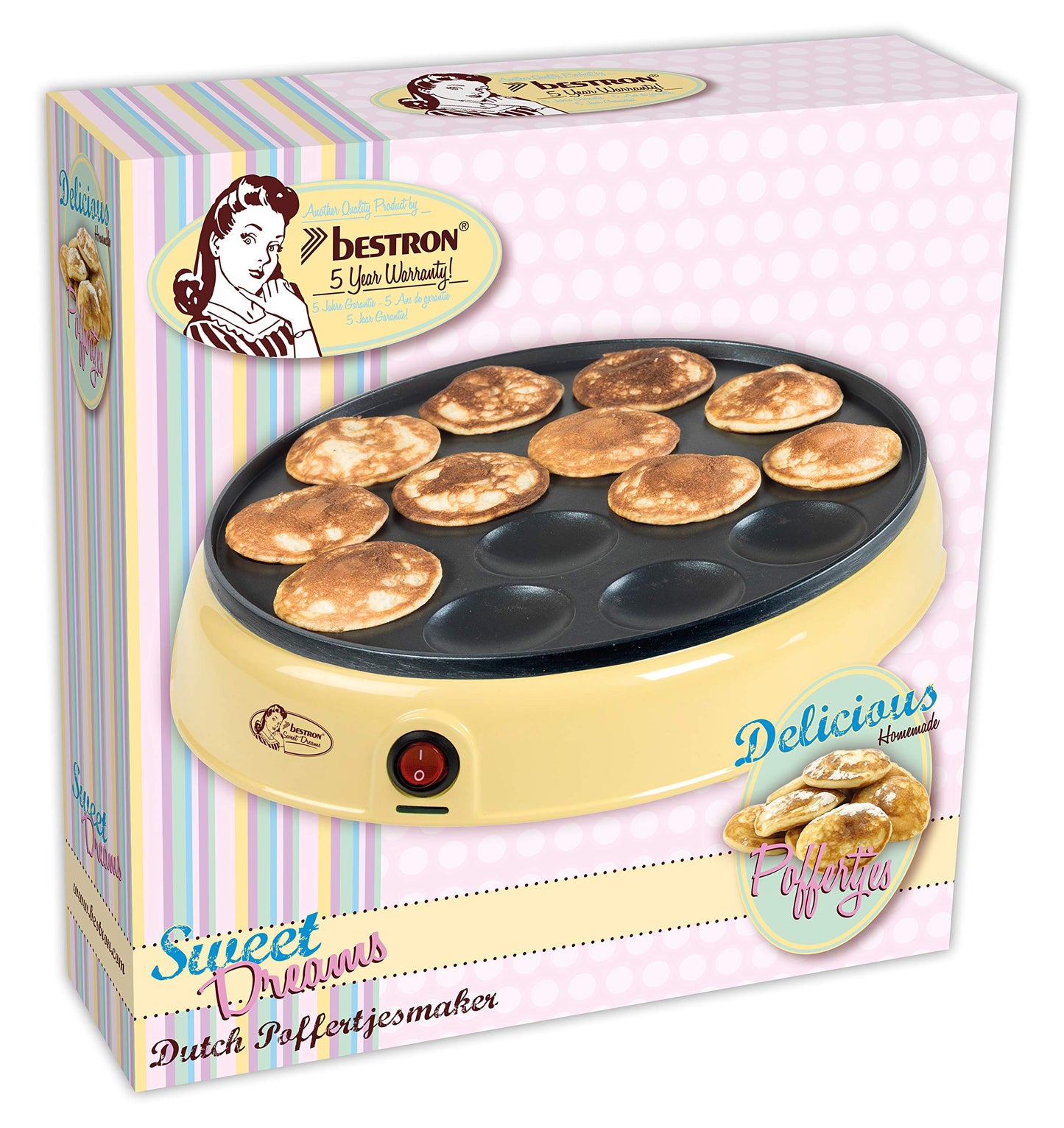 Bestron Poffertjes - Mini tortitas con revestimiento antiadherente Sweet Dreams, 800 W, color amarillo
