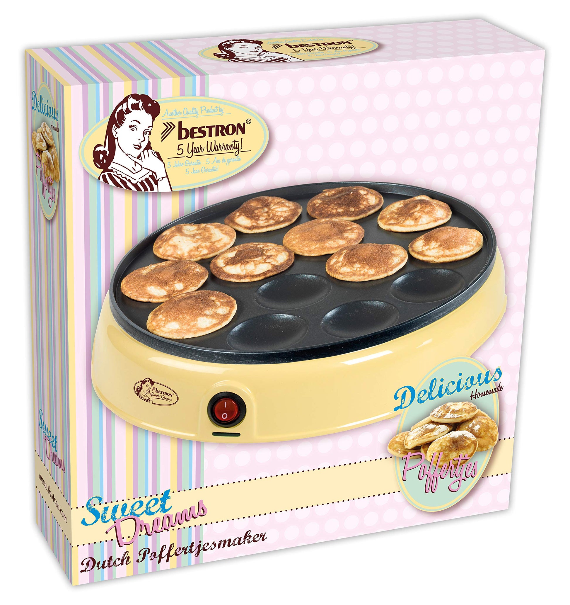 Bestron Poffertjes - Mini tortitas con revestimiento antiadherente Sweet Dreams, 800 W, color amarillo