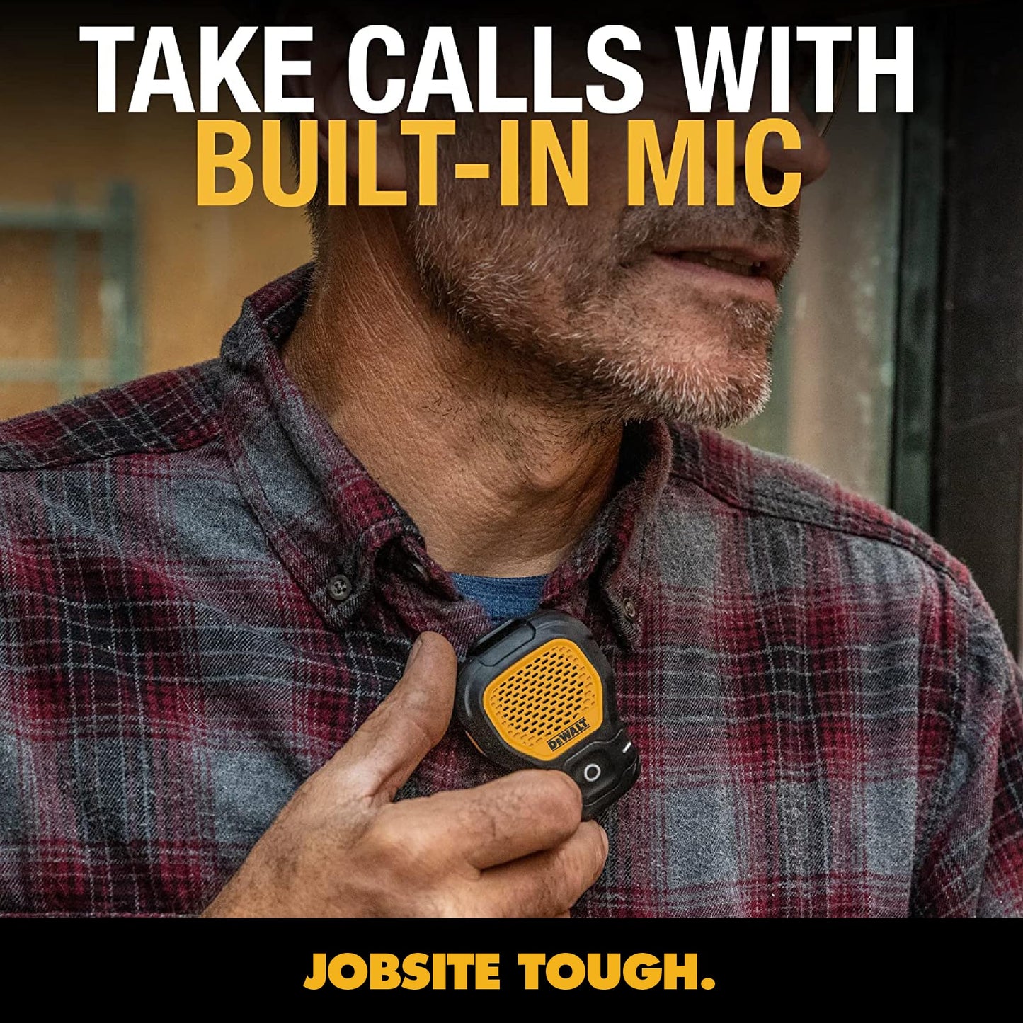 DEWALT - Bocina portátil inalámbrica Bluetooth (versión actualizada) con clip Jobsite Pro, resistente al agua, no magnético, micrófono incorporado para música y llamadas con manos libres
