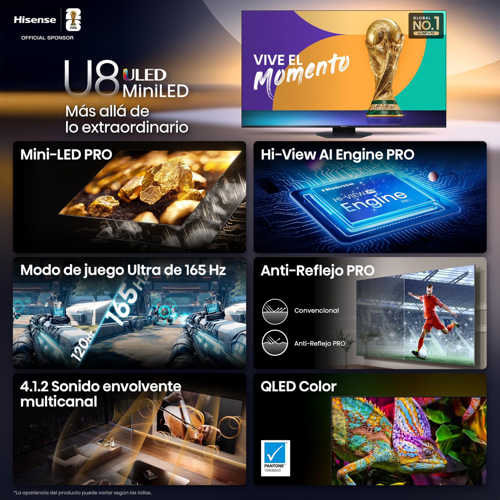 Hisense Television U8QG (Modelo 2025) Pantalla 55 Pulgadas,Mini-LED Pro Smart Google TV UHD 4K,Control Remoto por Voz con Alexa,Modo de Juego Ultra de 165 Hz,Hi-View AI Engine Pro