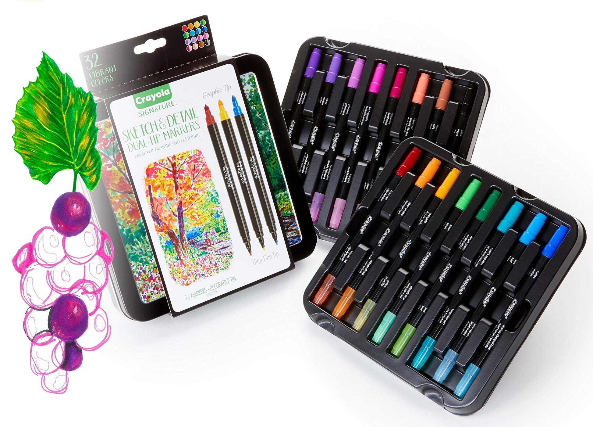 Crayola Signature Sketch & Detail Dual-Tip Markers, Professional Coloring Kit, Crayoligraphy Calligraphy, Gift
