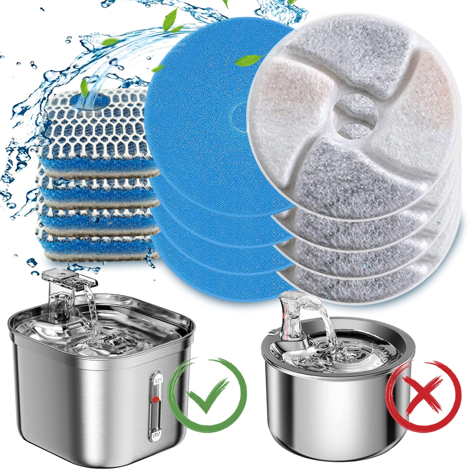 Homtyler - Filtros de fuente de agua cuadrados de acero inoxidable para gatos, paquete de 6 filtros de fuente de gato, 3 sistemas de triple filtración, filtros de carbón activado para filtro