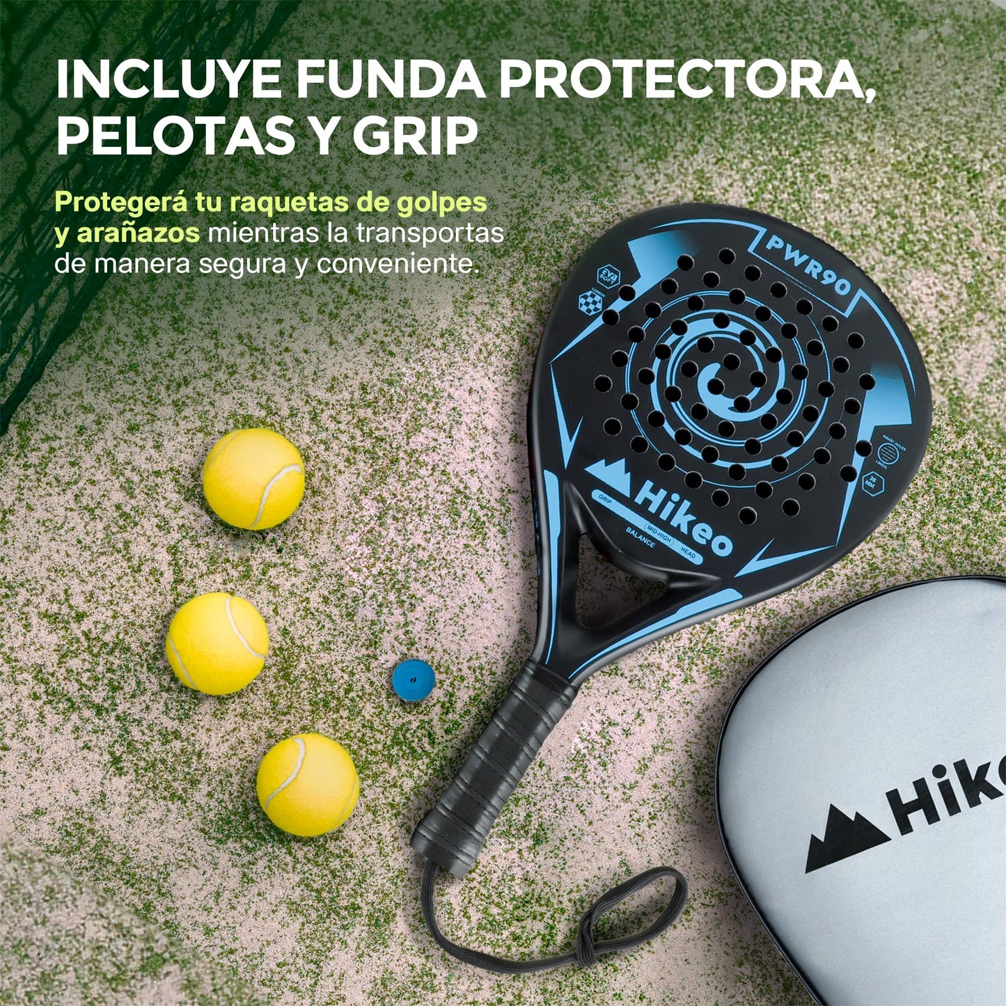 Hikeo Pala de Pádel con Funda, 3 Pelotas y Grip, Kit de Raqueta para Pádel Fabricada con Espuma EVA Flexible y 100% Fibra de Carbono, Resistente y Ligera, para Principiantes e Intermedios