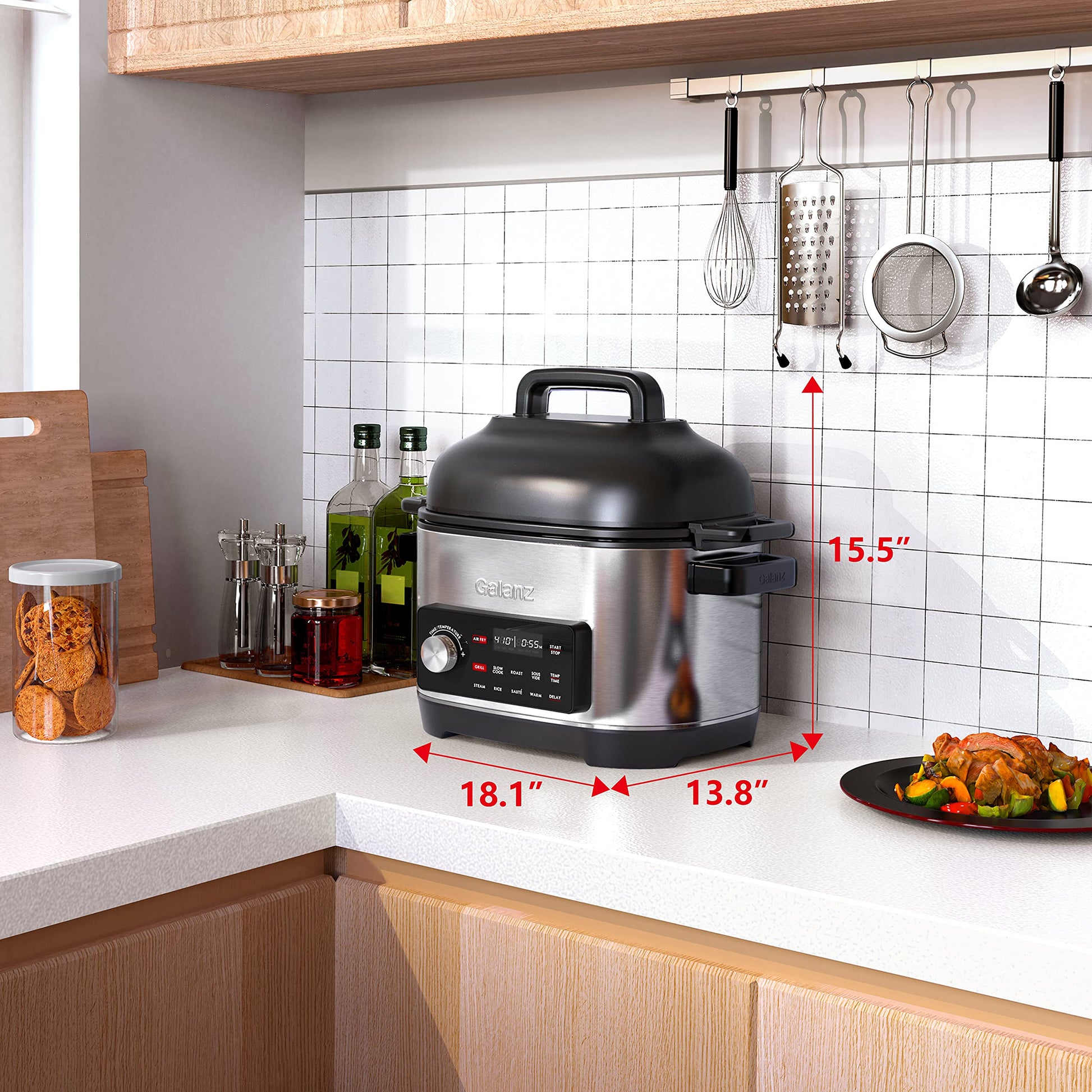 Galanz Cocina múltiple 8 en 1 con freír al aire, al aspiradora, arroz, saltear, cocción lenta, vapor, asado y parrilla, tazón extraíble de 8 cuartos de galón, 8 programas preestablecidos, acero inoxidable
