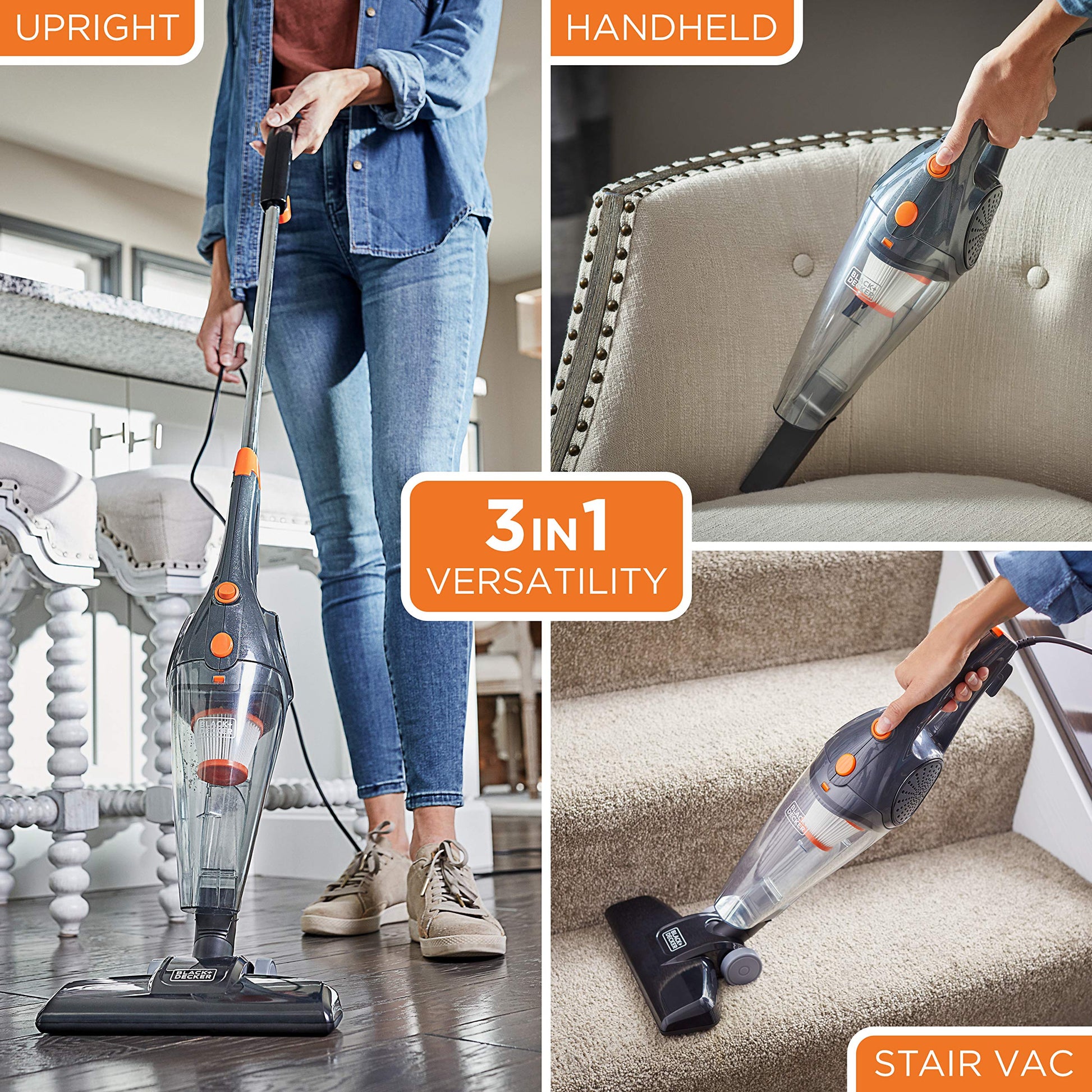 BLACK+DECKER Aspiradora Vertical, Gris metálico con Naranja