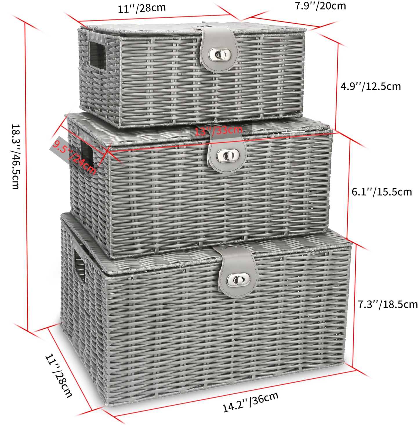Honygebia - Cestas de almacenamiento de mimbre gris – Juego de 3 cajas decorativas con tapas, cesta tejida con cerradura y asa, organizador para maquillaje de belleza decoración de baño