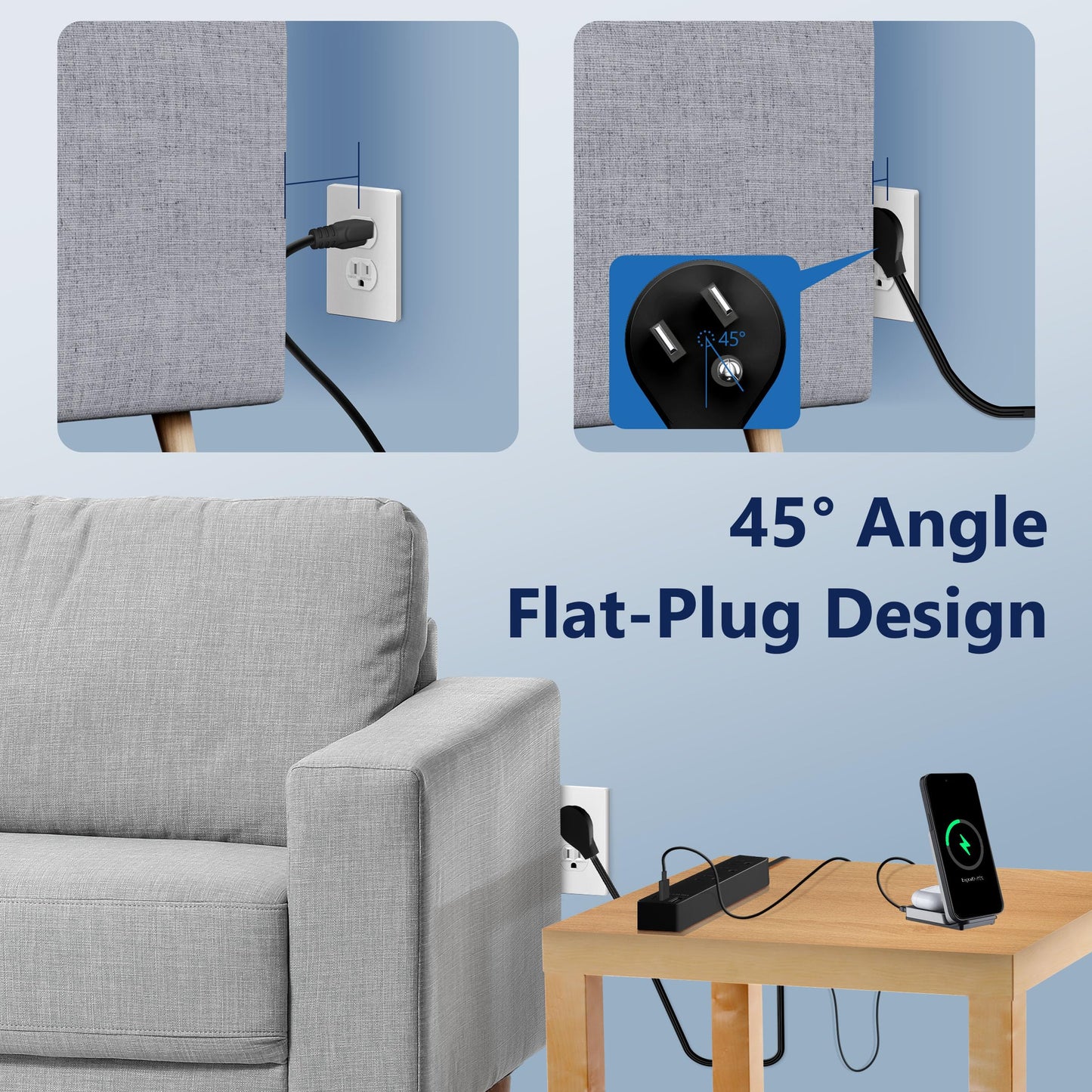 LIDER Extensor de Enchufe con 3 receptáculos, USB tipo A y 2 puertos USB tipo C, enchufe plano ultrafino con extensor de cable, regleta de 3 tomas, diseño en ángulo delgado, certificado UL, cable de