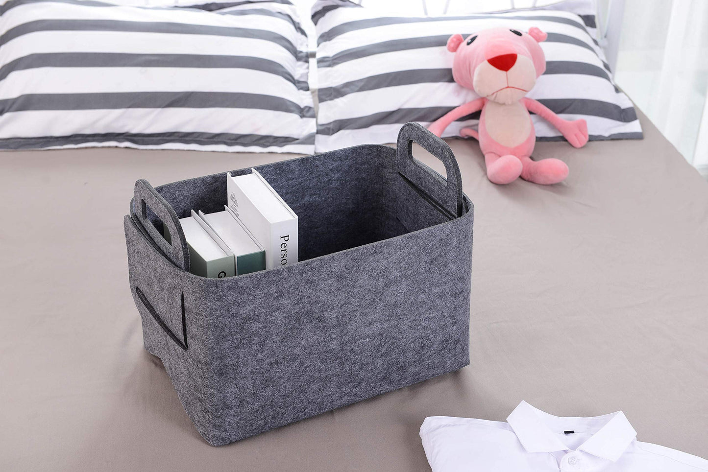 Minoisome - Cesta de almacenamiento de fieltro plegable y conveniente organizador de caja con asas de transporte para oficina, recámara, clóset, bebés, guardería, juguetes (gris, 15.7 pulgadas de