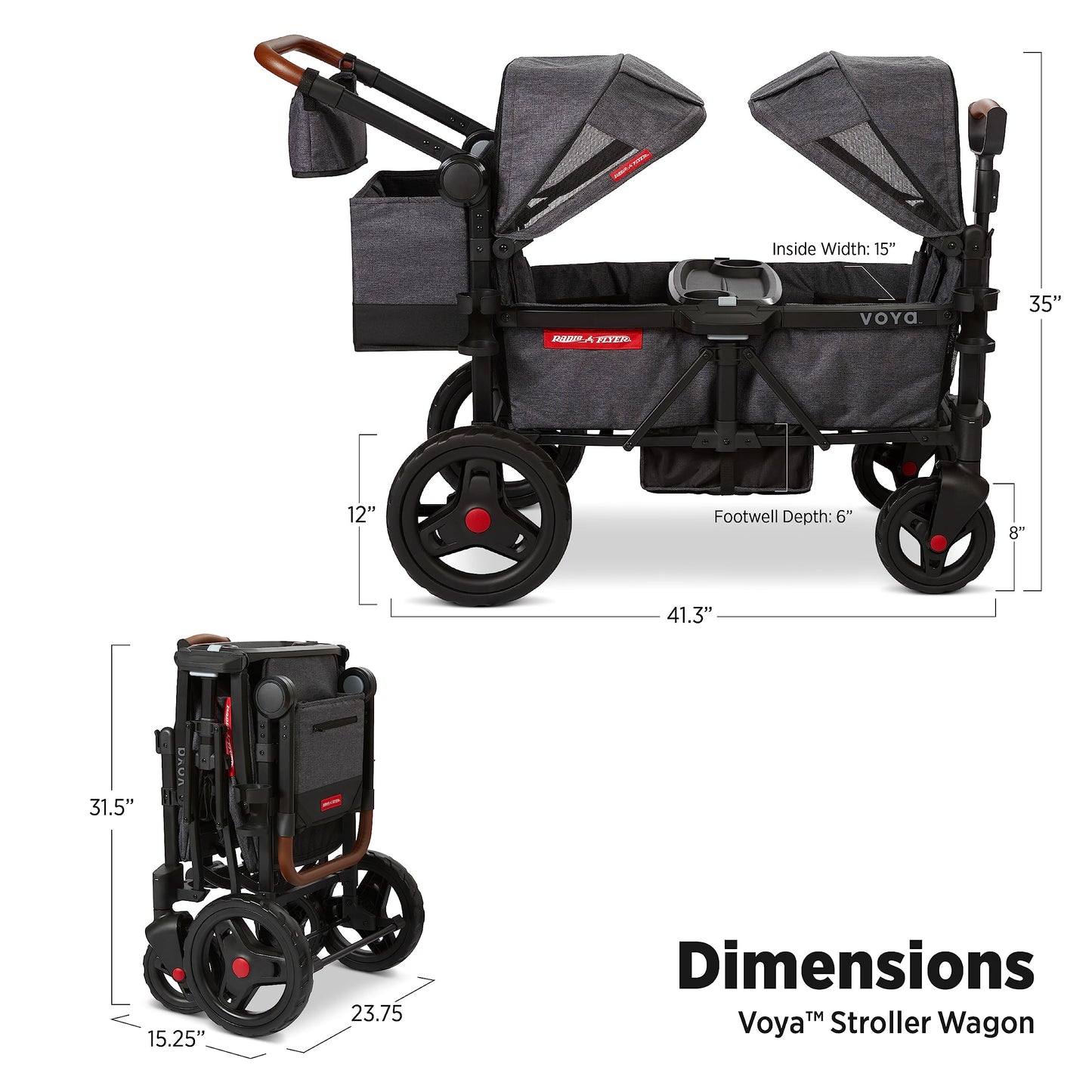 Carriola Vagón Radio Flyer Voya Gris con Asientos Doble Face-to-Face y Capota Ajustable para Protección UV