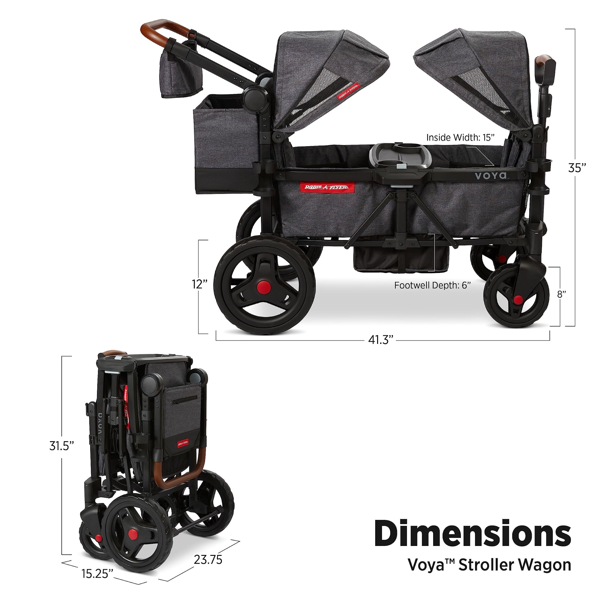 Carriola Vagón Radio Flyer Voya Gris con Asientos Doble Face-to-Face y Capota Ajustable para Protección UV