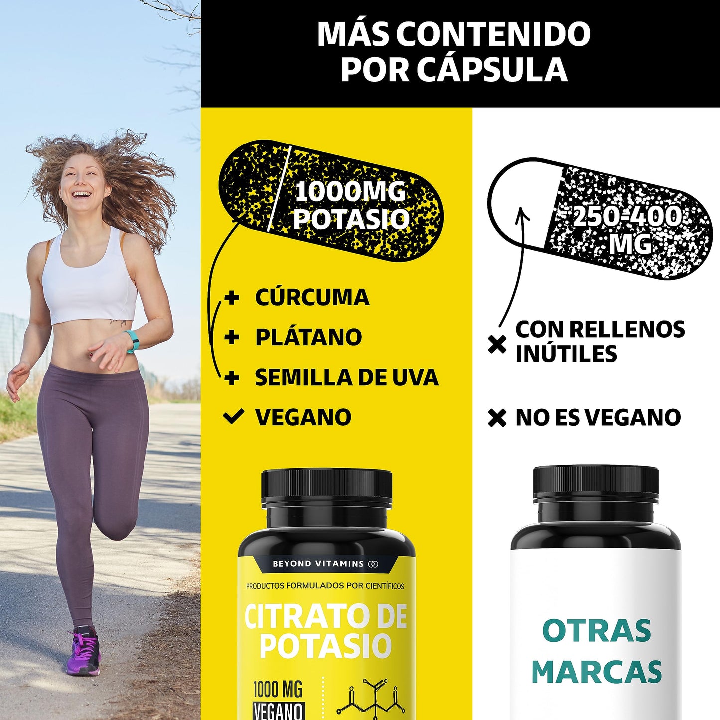 Citrato de Potasio 1000mg | Adicionados con Platano en Polvo, Curcuma y Semilla de uva | Cápsulas sin rellenos | Potassium Citrate-60 cápsulas