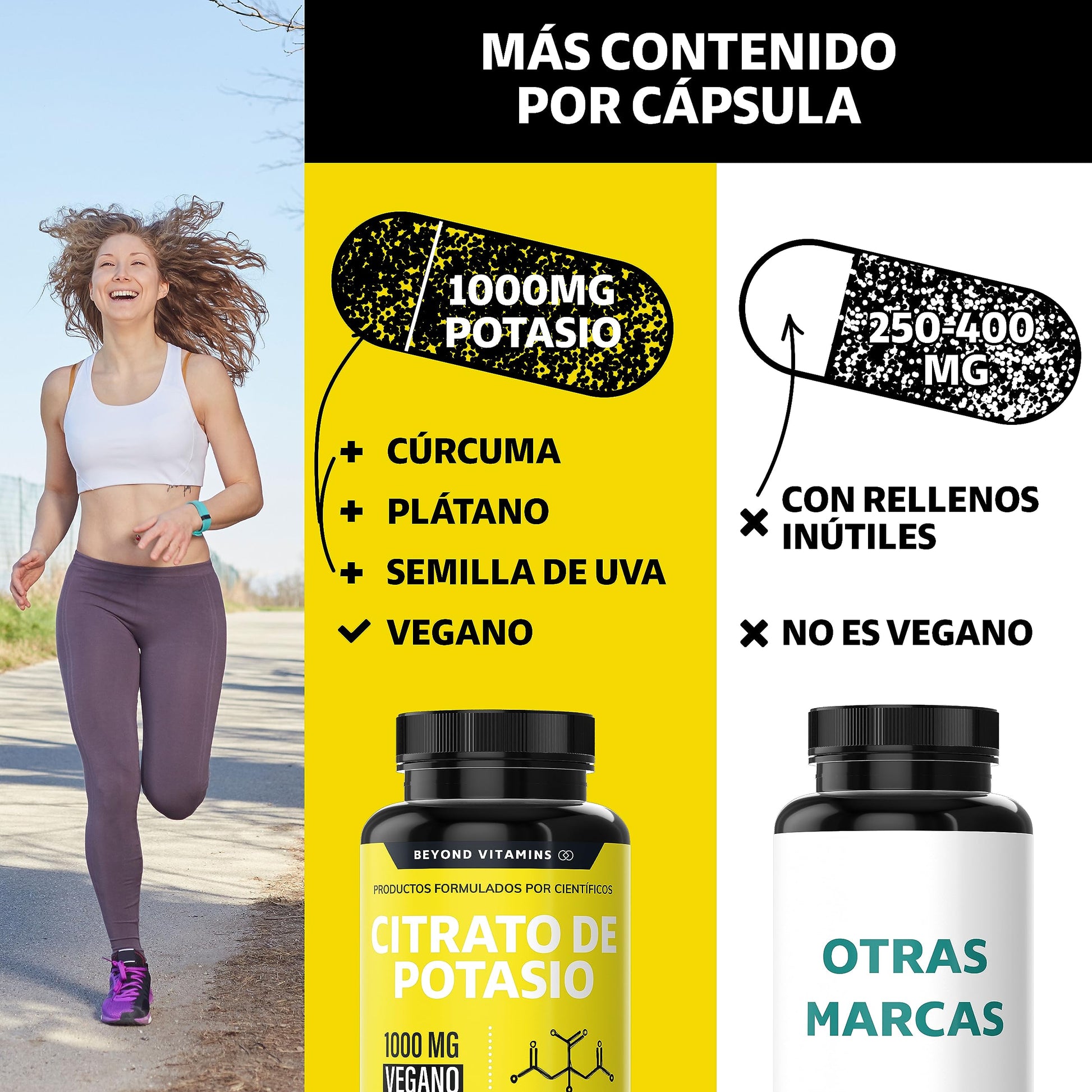 Citrato de Potasio 1000mg | Adicionados con Platano en Polvo, Curcuma y Semilla de uva | Cápsulas sin rellenos | Potassium Citrate-60 cápsulas