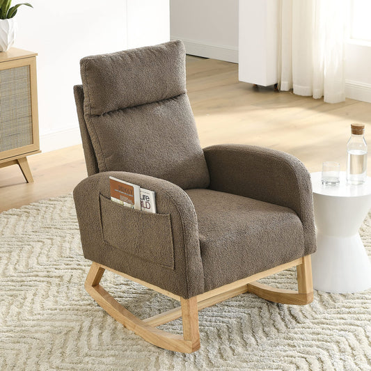 Krinana - Mecedora de guardería con patas de madera maciza, silla planeadora para guardería con dos bolsillos laterales, sillón basculante para sala de estar y recámara (café, tela de peluche)