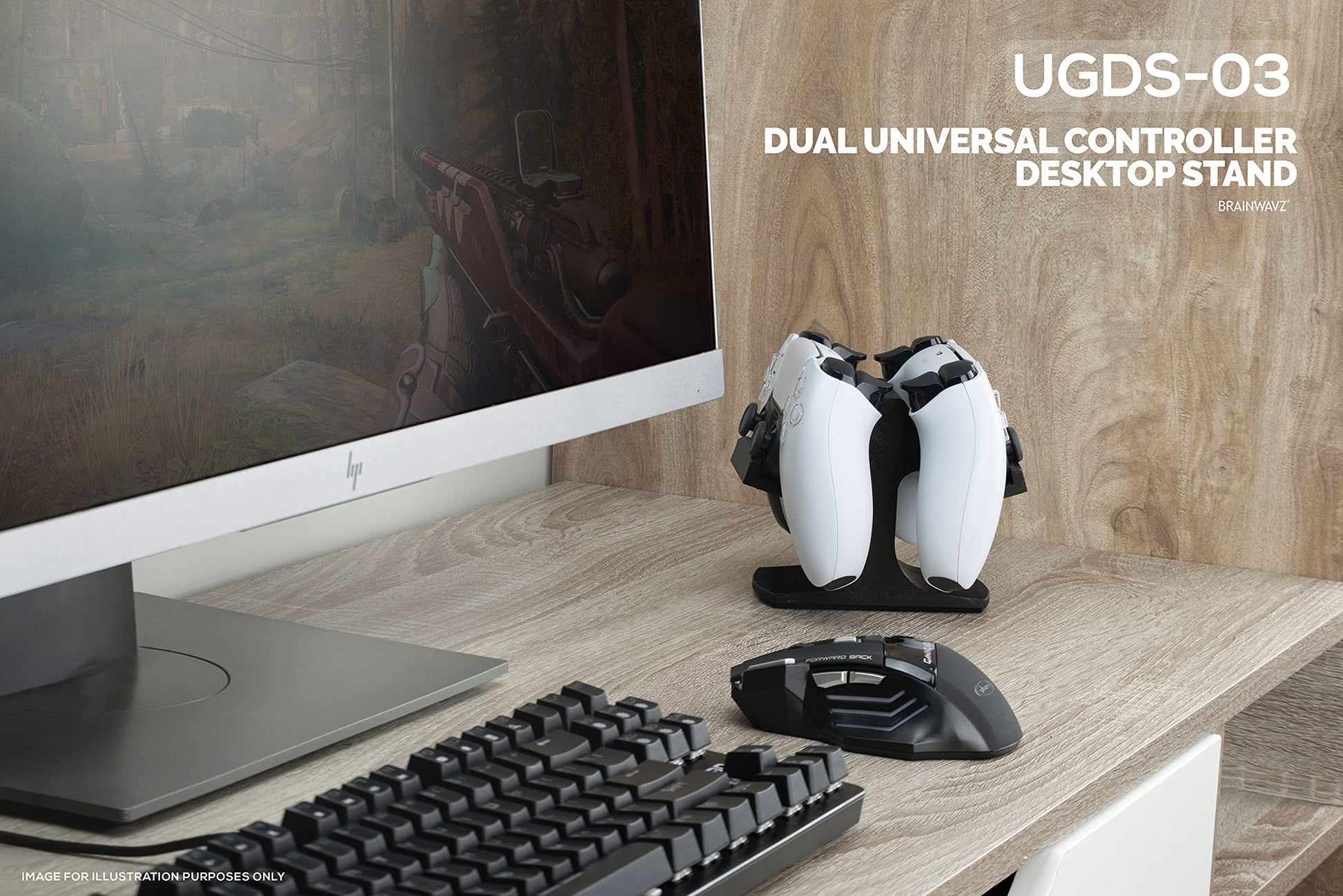 BRAINWAVZ Dual Game Controller Desktop Holder Stand - Universal Design for Xbox ONE, PS5, PS4, PC, Steelseries, Steam & More, Reduce Clutter UGDS-03 (Black)