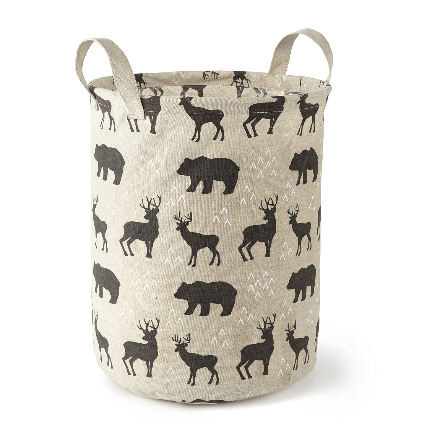 Levtex Baby - Cesta para guardería Logan - Cesta redonda de tela para almacenamiento - Osos y ciervos, color gris pardo y negro, accesorios para guardería, tamaño: 14 x 19 pulgadas.