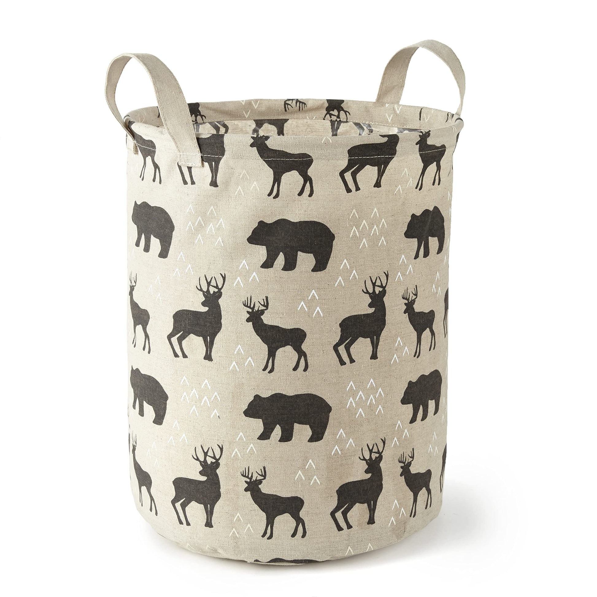 Levtex Baby - Cesta para guardería Logan - Cesta redonda de tela para almacenamiento - Osos y ciervos, color gris pardo y negro, accesorios para guardería, tamaño: 14 x 19 pulgadas.